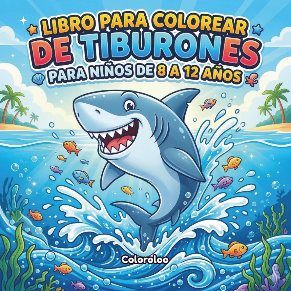 Libro para colorear de tiburones para niños de 8 a 12 años: 40 Páginas de Tiburones y Vida Marina | Libro de Colorear Divertido para Niños
