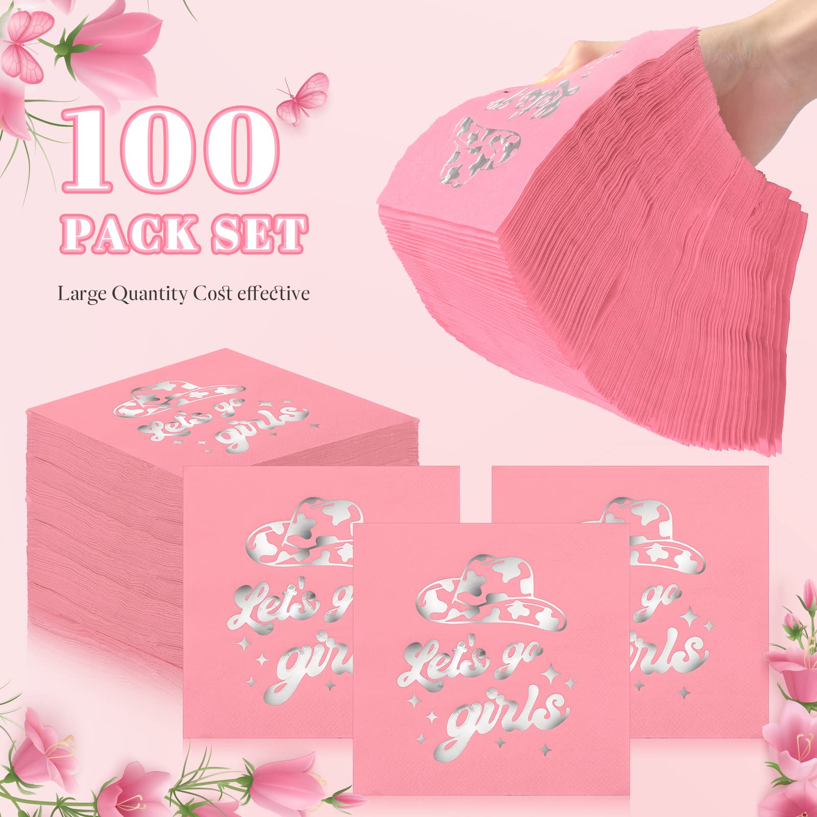 100 Stück 'Let's Go Girls' Servietten – Pink Mit Silbernem Aufdruck, 2-lagig, 25x25 Cm Entfaltet | Für Junggesellinnenabschied, Hochzeit & Partys
