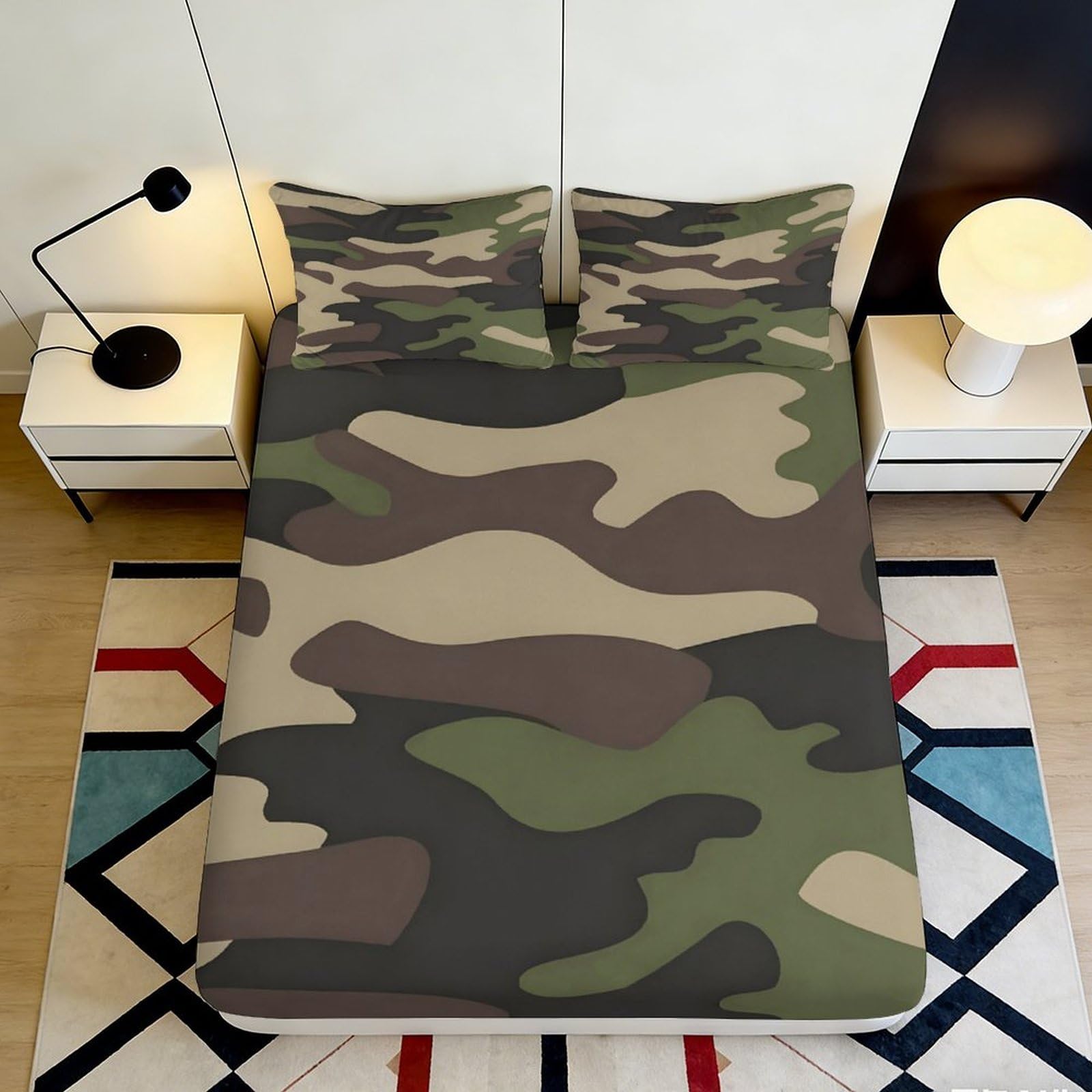 3D Printed Camouflage Fitted Sheet Microfiber Soft Breathable Army Green Camo Bed Cover for Bedroom Dorm Mattress Protection 90x200x25cm