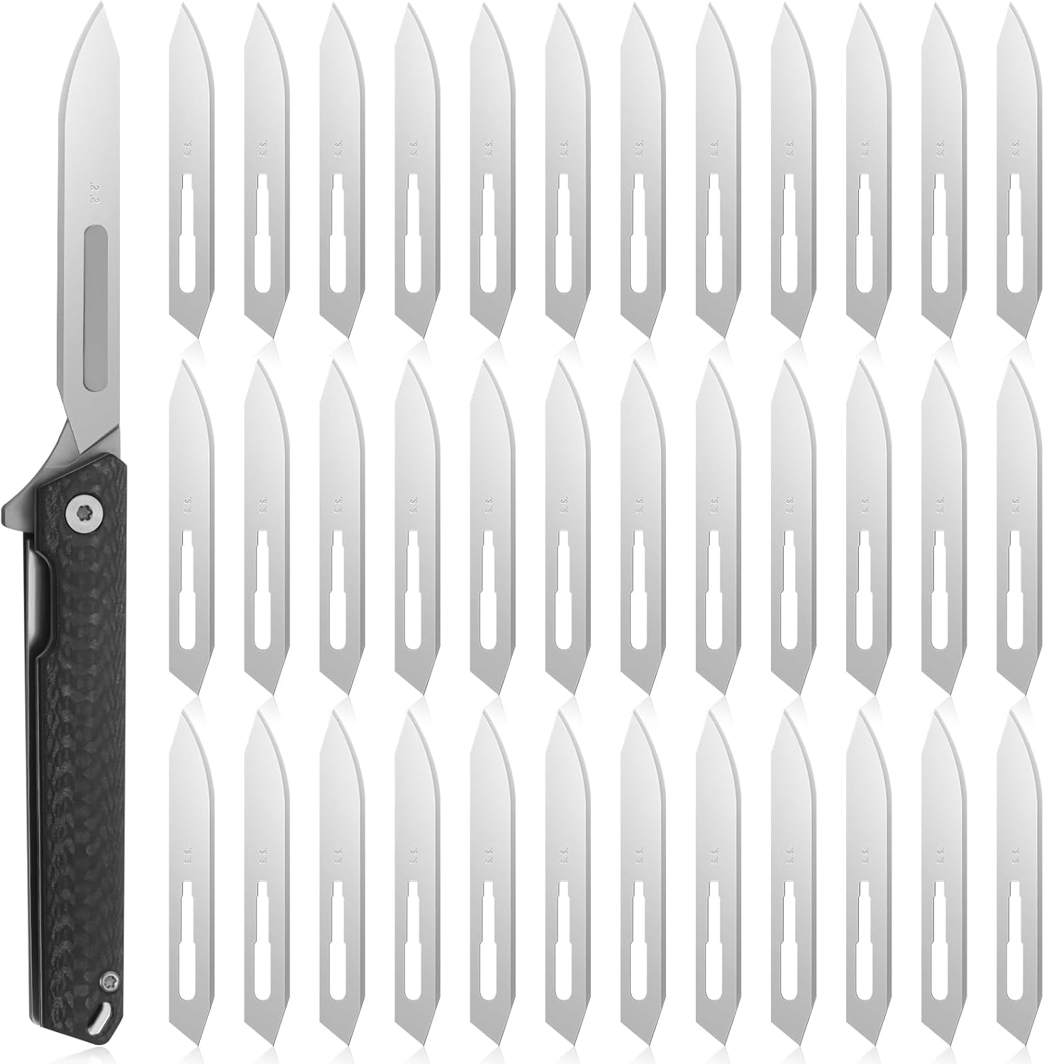 Small Flipper Scalpel Folding Knife Carbon Fiber Slim Pocket Knife Set with 36 Pcs #60XT Replaceable Steel Blades, Utility Keychain Knives for Outdoor Skinning DIY Crafts