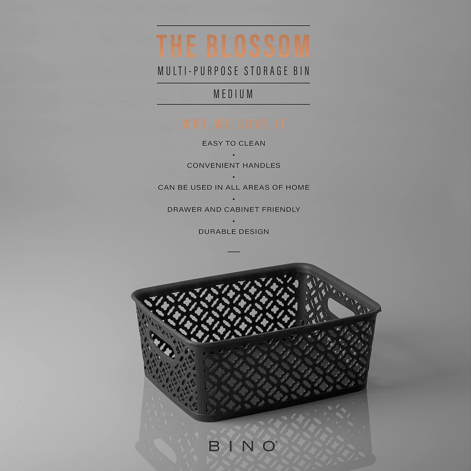 BINO l Plastic Storage Bins, Medium - Black l THE BLOSSOM COLLECTION l Multi-Use Organizer Bin l Built-in Handles l Plastic Woven Basket for Organizing l Pantry Storage Basket l Home Organizing Basket