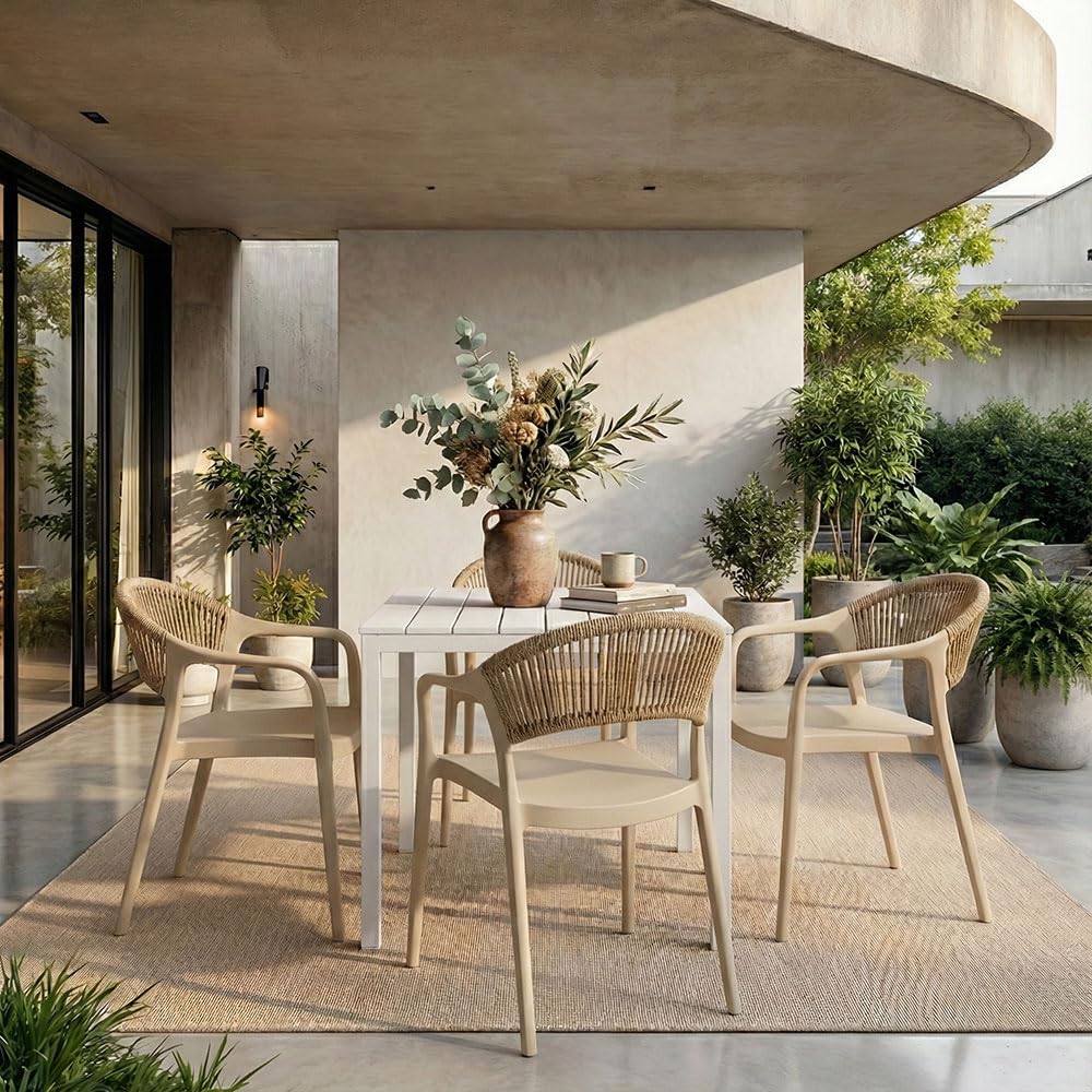SIEDITI FUORI E DENTRO Sedie impilabili in polipropilene con fibra di vetro per esterno/giardino con schienale in corda, idrorepellenti e resistenti, design moderno - Jolanda (6, Crema)