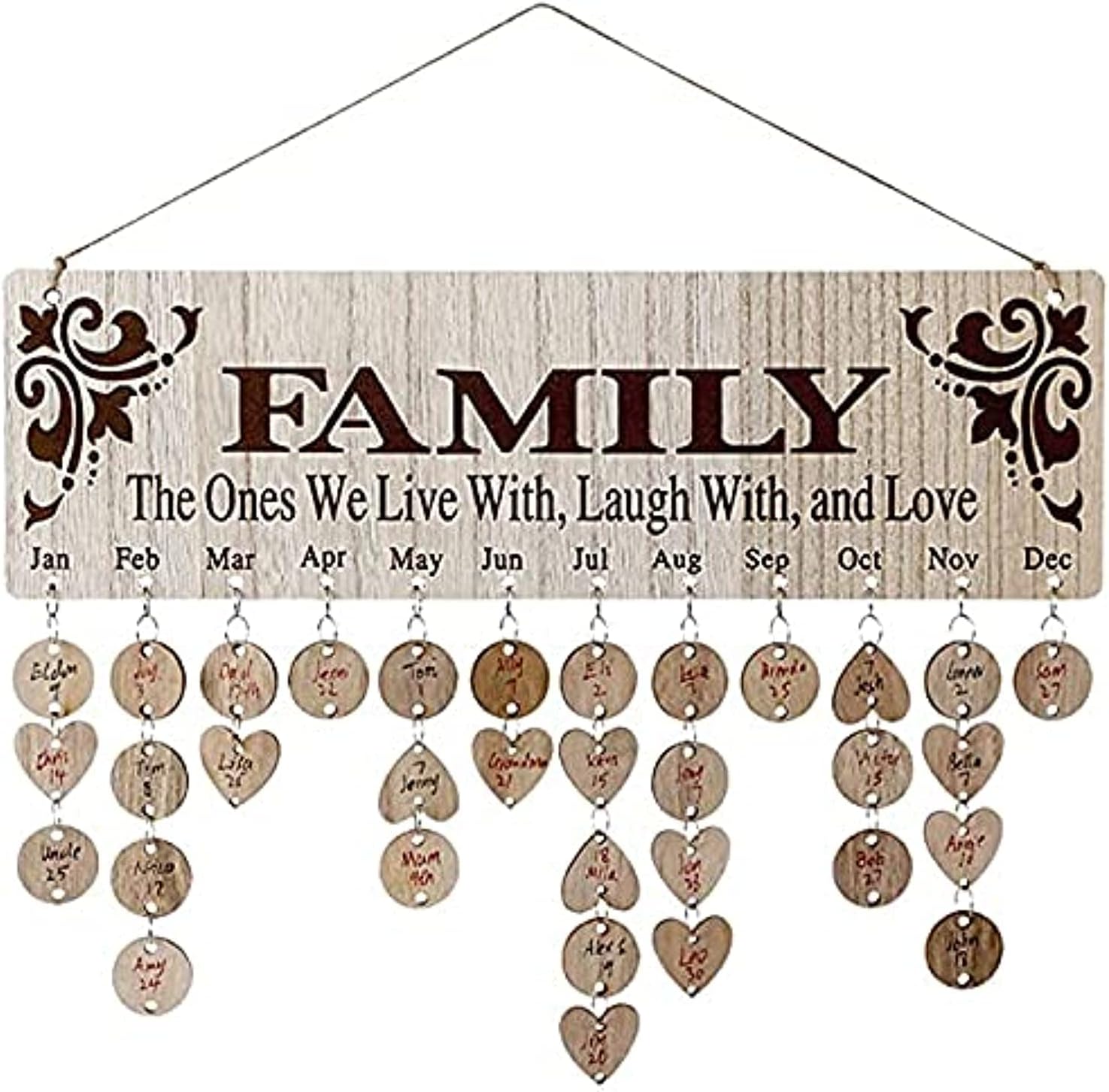 Gifts for Mom/Grandma/Dad from Daughter/Son - DIY Wooden Family Birthday Reminder Calendar Wall Hanging (JL01), with 100 Tags Keep Track of Birthdays, Mothers/Fathers Day/Christmas Decorations