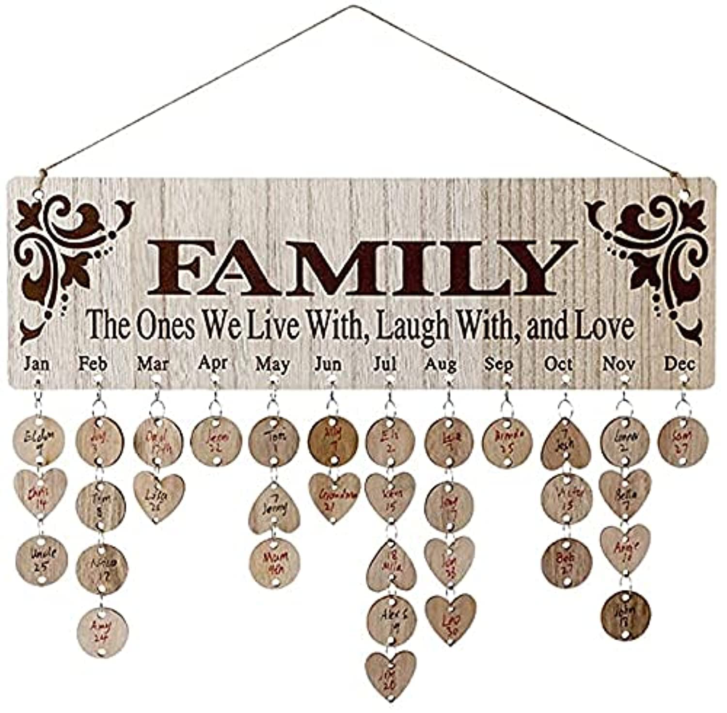 Gifts for Mom/Grandma/Dad from Daughter/Son - DIY Wooden Family Birthday Reminder Calendar Wall Hanging (JL01), with 100 Tags Keep Track of Birthdays, Mothers/Fathers Day/Christmas Decorations