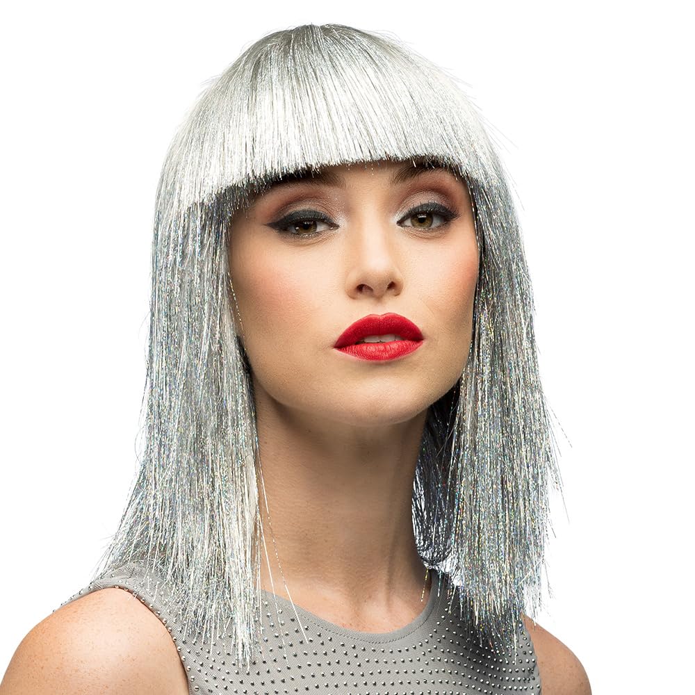 Boland Crazy Silver Glitter Wig for Adults, Sparkly Tinsel Fancy Dress Wig with Fringe for Parties Carnival, Festivals, Disco