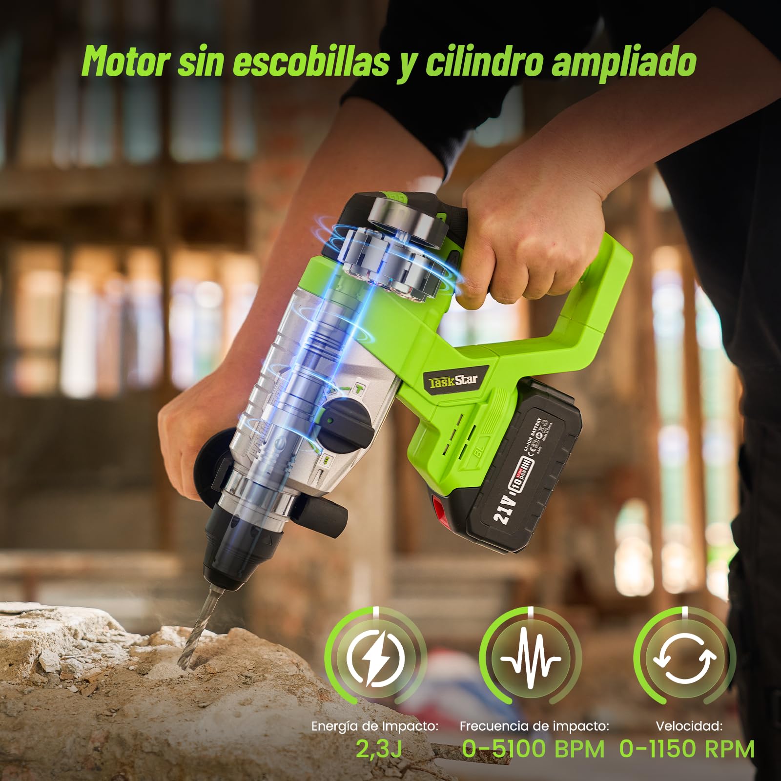 TaskStar 4 en 1 Martillo Perforador Inalámbrico 2.3J, Motor sin Escobillas, con 2 baterías de 4.0Ah 21V y cargador, Multifunción Taladro Percutor Portátil y Eficiente para Proyectos de Bricolaje