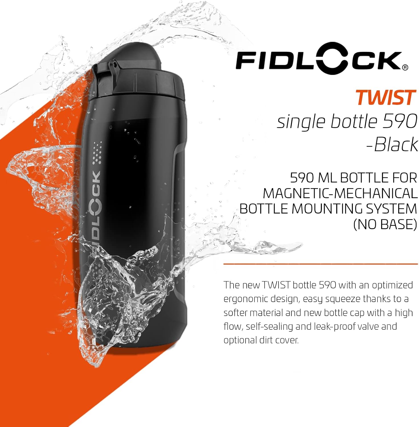 FIDLOCK Twist Single Bottle 590ml/20oz | Includes Twist Connector (Without Bicycle Base) & Bottle | Black