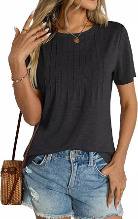 Micticsi Womens Short Sleeve T Shirts Pleated Dressy Casual Crewneck Loose Fit Tee Trendy Summer Tops Blouses 2025