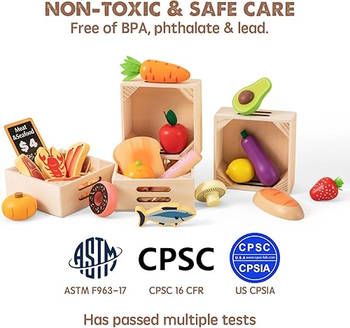 Miniatura 5 de Tiny Land Juegos de comida de madera para la cocina de los niños, 100% madera, 43 piezas, comida de juguete para niños pequeños a partir de 3 años,