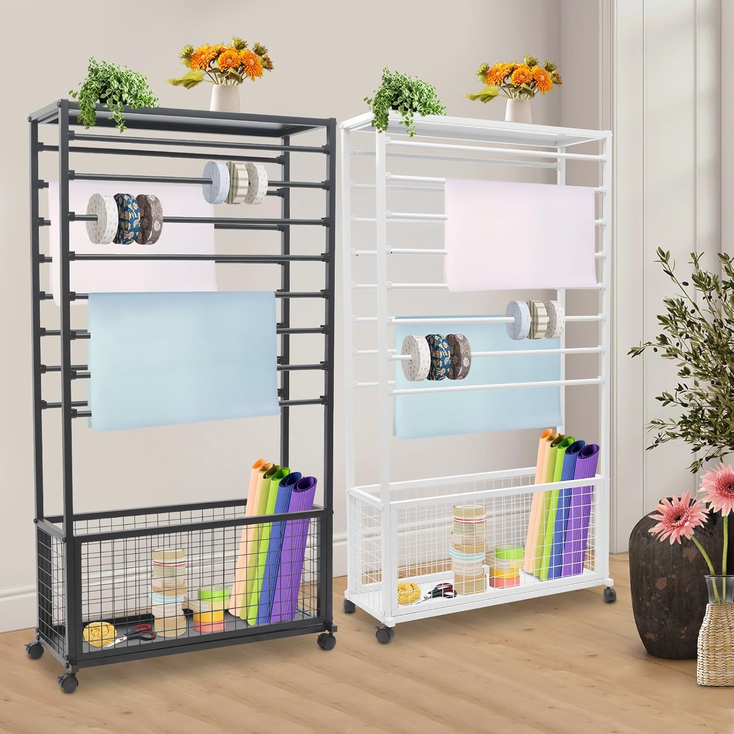 59in H Ribbon Holder Organizer Rack, 16 Tier Ribbon Display Stand With Wheels+Mesh Storage Basket, Multifunctional Ribbon Storage Holder, Open Architecture For Florists, Dye Shops, Households. (Black)