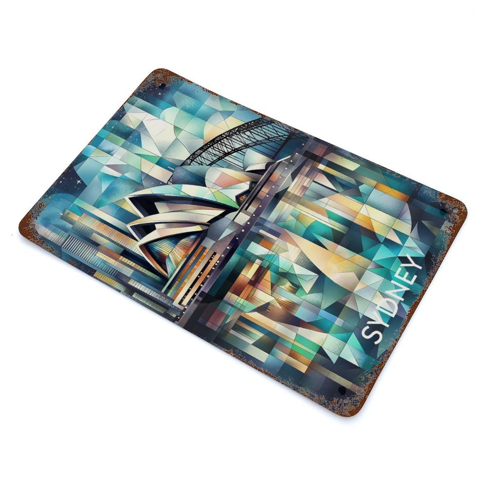 Cubist Sydney Skyline with Opera House And Harbour Bridge Weathered Tin Sign 11.8"x7.9", for Garage, Bar And Workshop Decor, Vintage Wall Decor