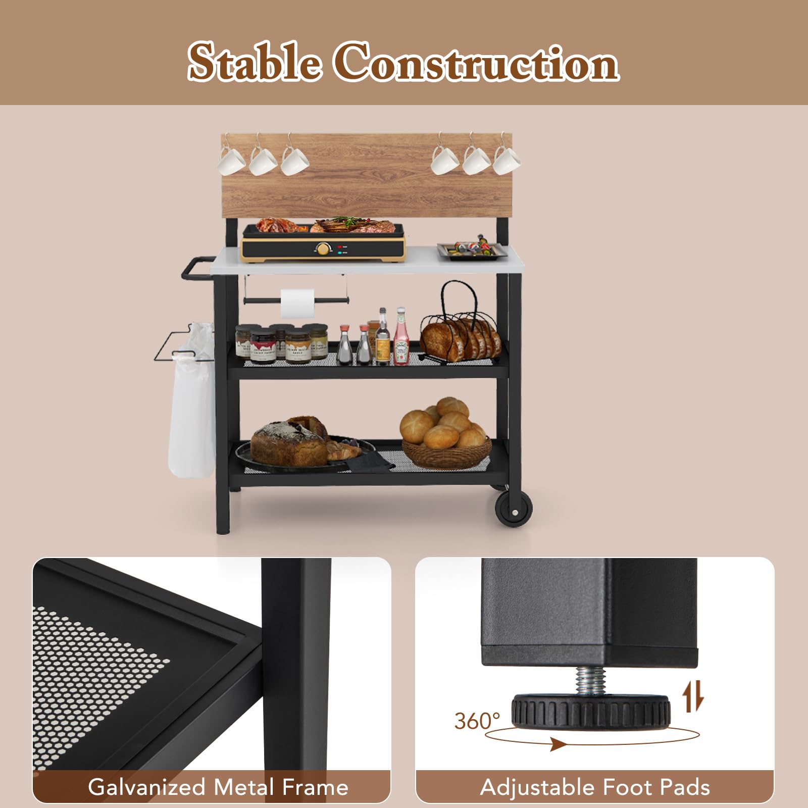 KOMFOTTEU Chariot pour Barbecue à 3 Niveaux, Desserte de Jardin avec Plateau Rabattable, Table de Grill Mobile avec Porte-Serviettes, Crochets, 116 x 55 x 130 cm, Noir
