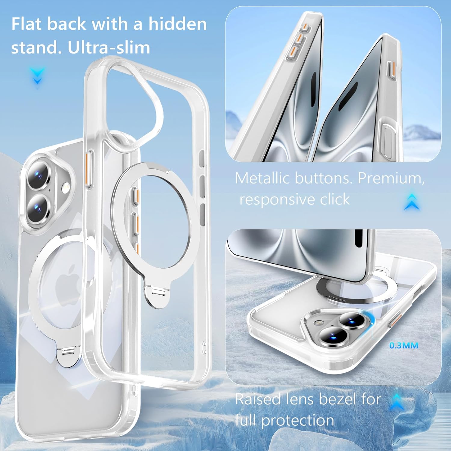 360° Spin Invisible Magnetic Stand for iPhone 16 Case [Military Grade Shockproof] [Compatible with MagSafe] Slim Translucent Matte Phone Case for iPhone 16 (6.1"), White