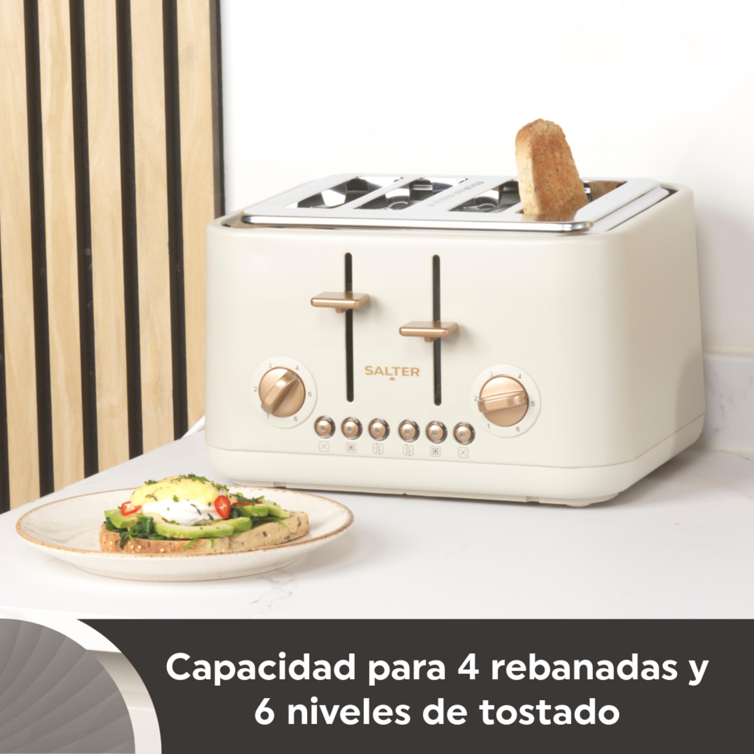 Salter Pebble Tostadora de 4 rebanadas, ranuras anchas, piedra | 6 niveles tostado, descongelar/recalentar/cancelar, elevación alta, ranuras autocentrantes, bandeja recogemigas