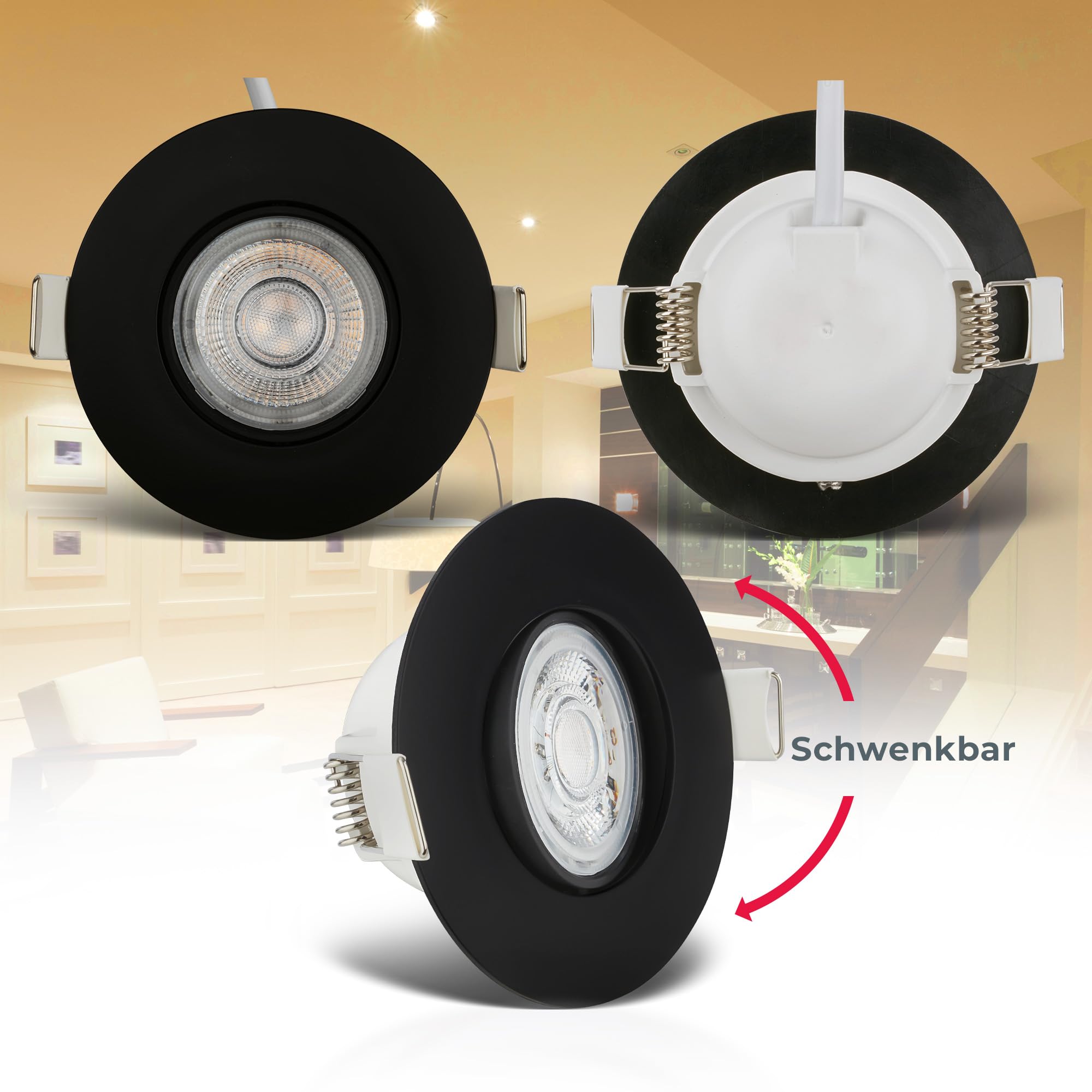 B.K.Licht - Juego de 6 focos LED empotrables 230V, focos LED orientables para el baño IP65, focos LED de techo, focos LED, focos de techo, lámpara de baño, 9 x 4,2 cm (DxH), negro