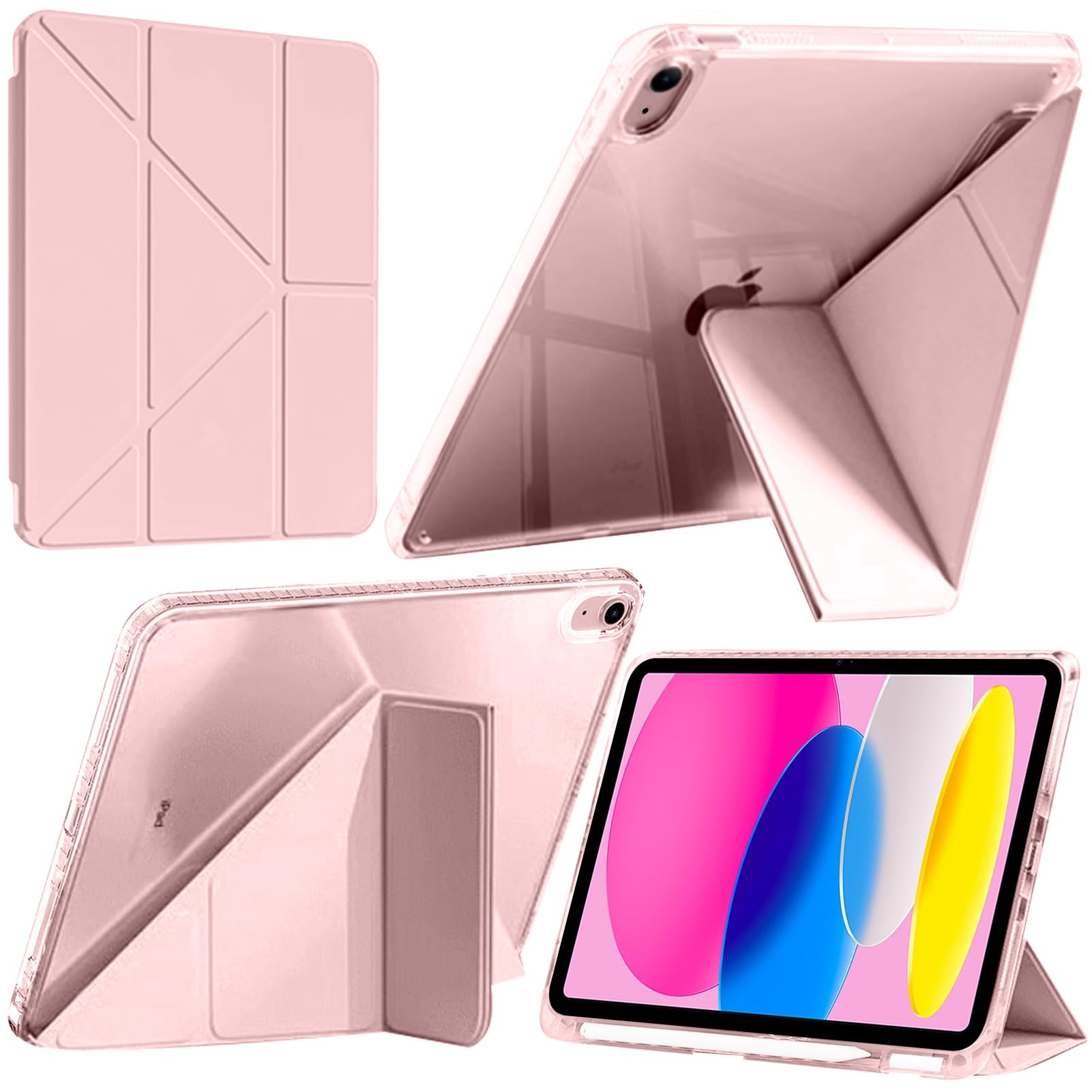 A-BEAUTY Case Compatible with iPad (A16) 11th/10th Generation (2025/2022) Shockproof Clear Cover with Pencil Holder & Adapter Storage, 6-in-1 Y-Shaped Trifold Stand, Pink