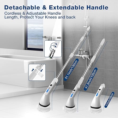 Miniatura 2 de Limpiador eléctrico giratorio, cepillo de limpieza inalámbrico de ducha con 6 cepillos de repuesto, 2 velocidades ajustables y extensibles,