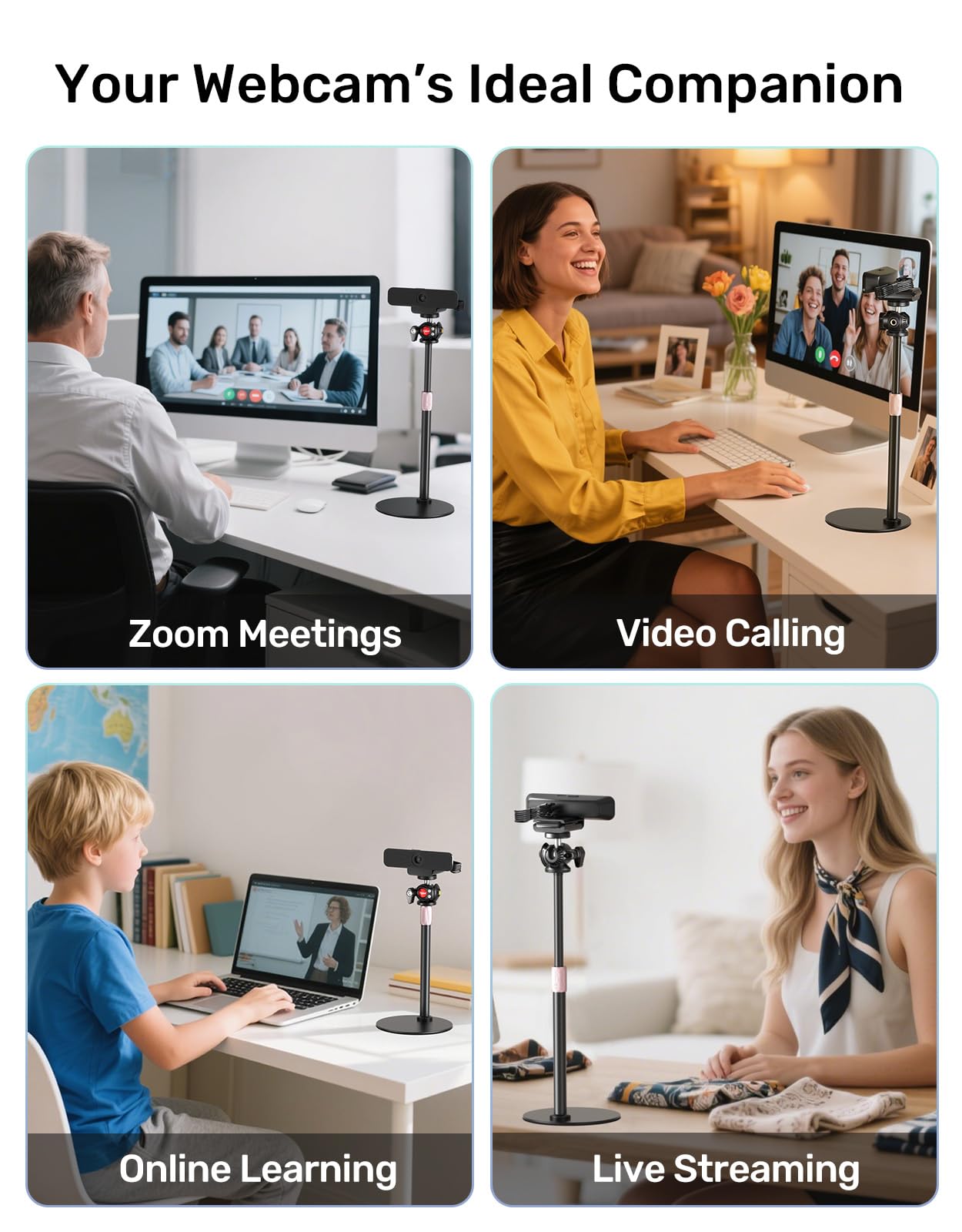 Support de webcam Logitech C920 C922 Brio 4K avec rotule 360°, base lourde réglable, filetage 6,35 mm