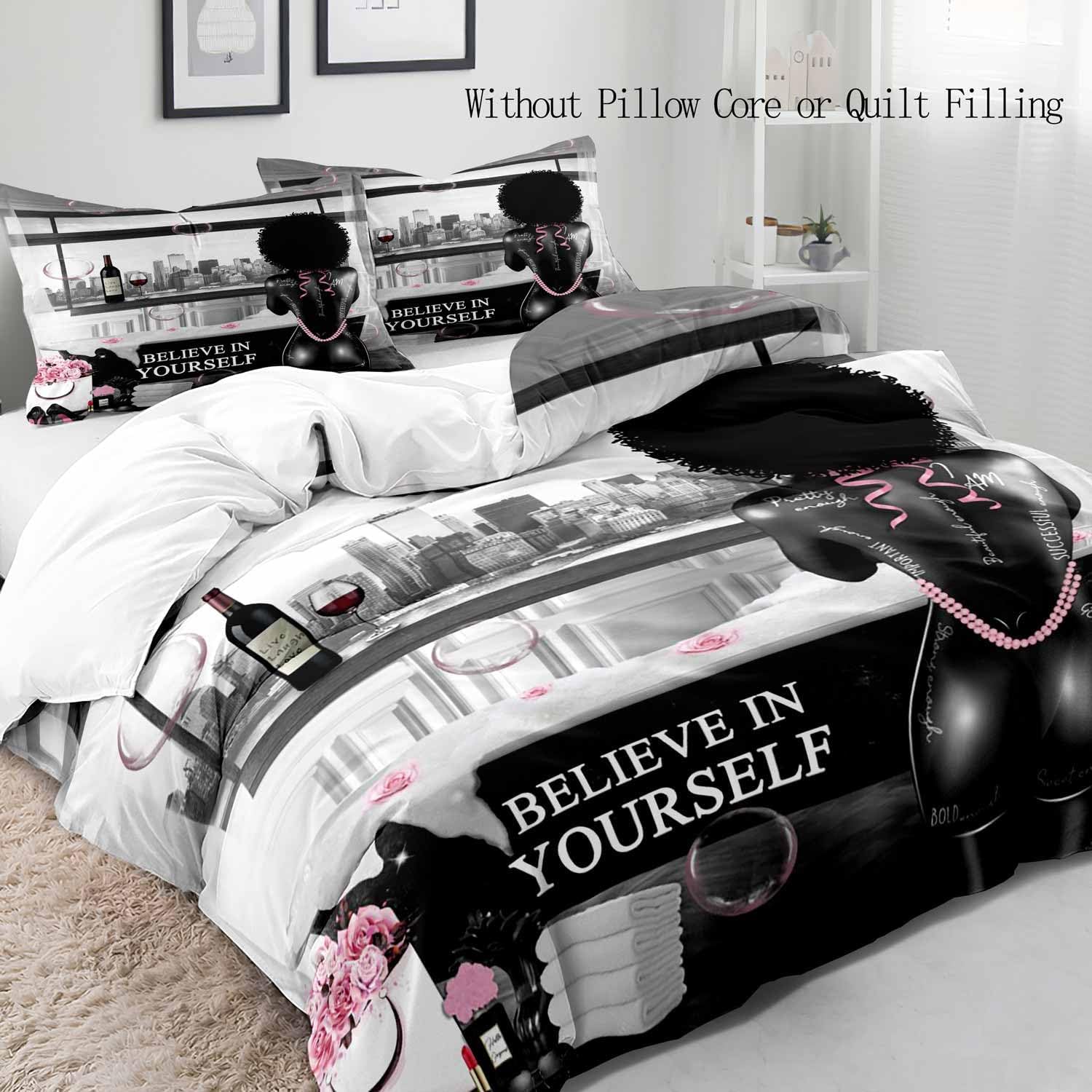 LUVIVIHOME 3PCS Sexy Black Girls Bedding, Duvet Cover Queen, I Am Black Woman Melanin Afro Girl African American Black Girl Magic Comforter Quilt Cover, Inspirational Gifts for Women, 2 Pillow Cases
