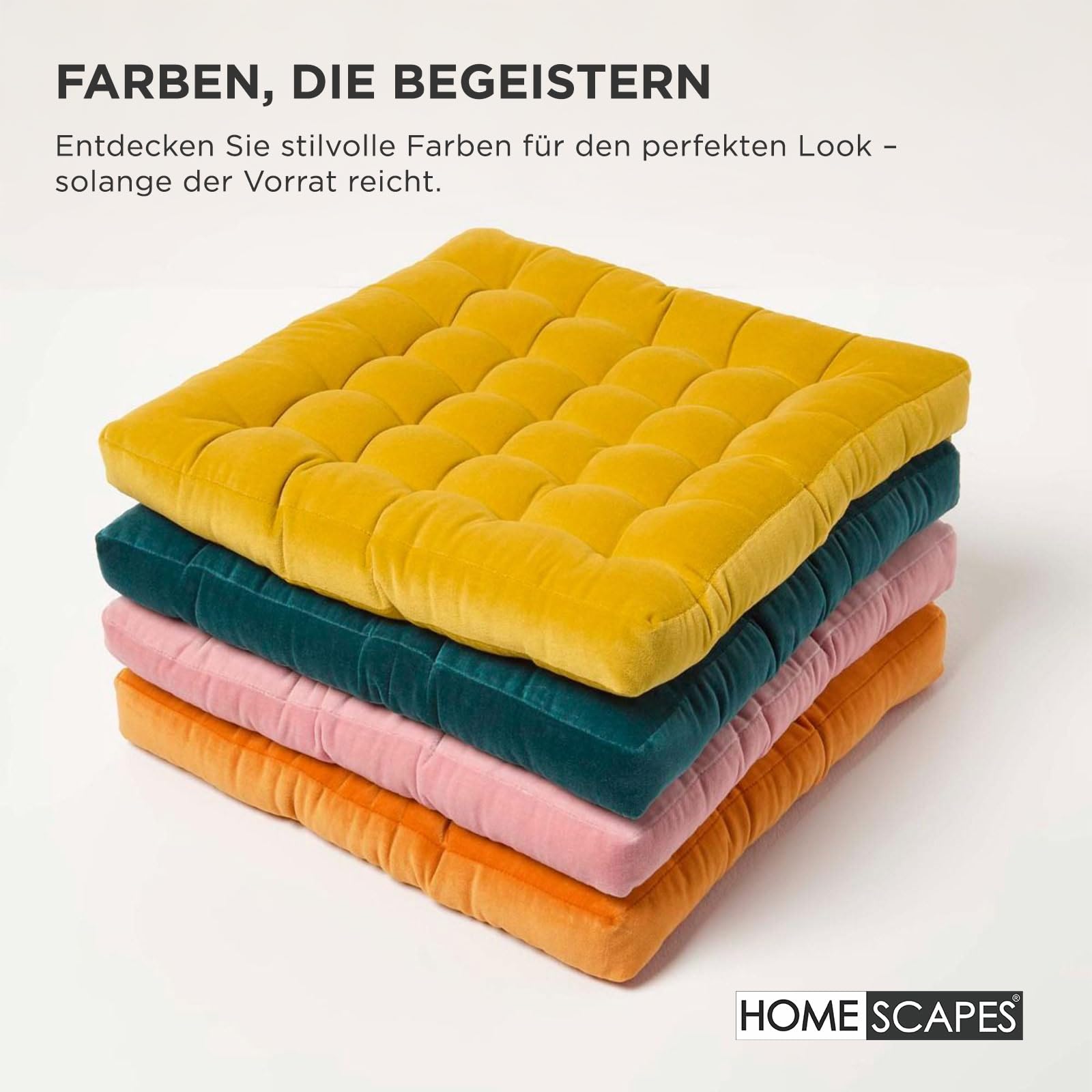 Homescapes 4er Set Sitzkissen Samt orange – Stuhlkissen 40x40 mit Bändern, Sitzauflagen Baumwollsamt, bequem, weich & Oeko-TEX-Zertifiziert