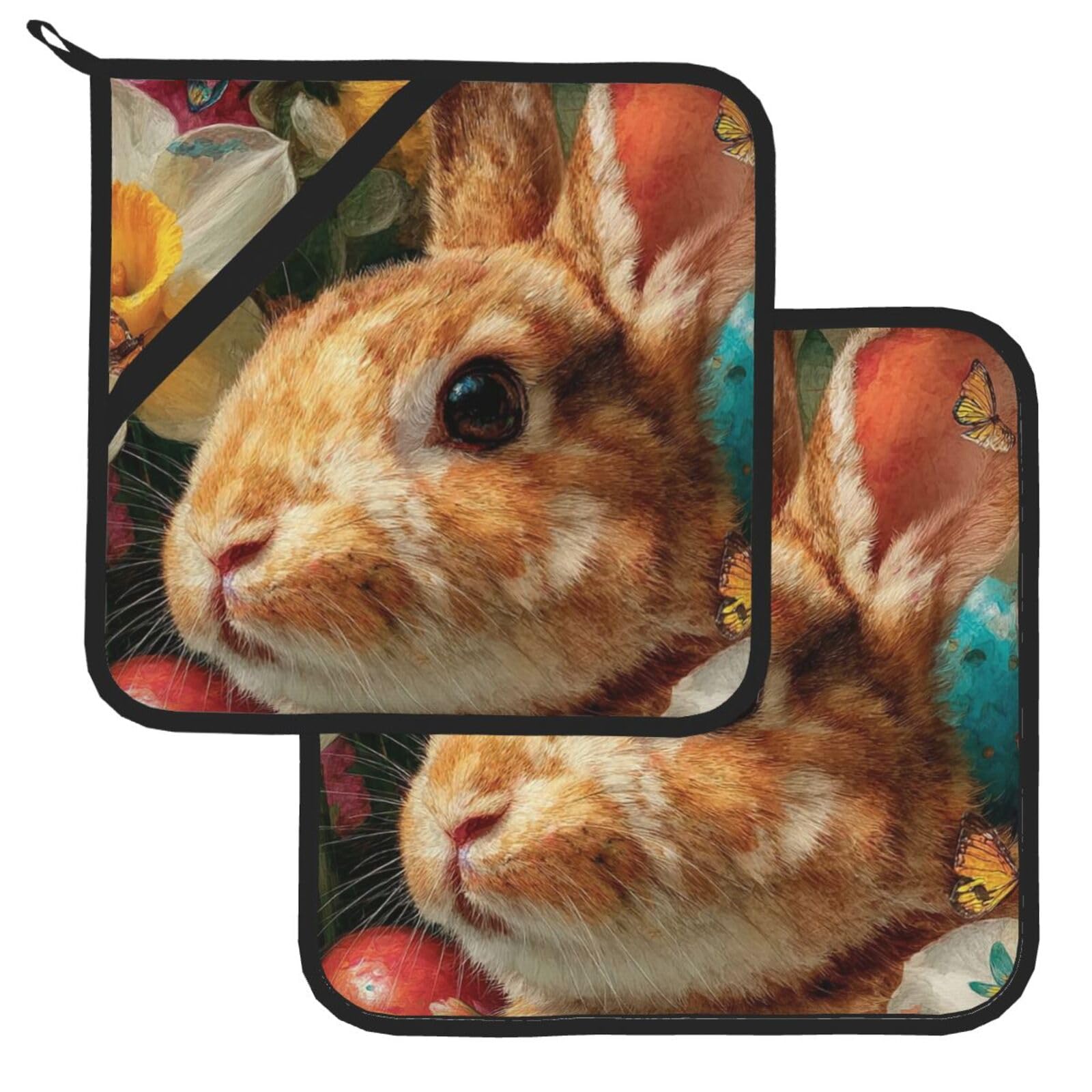 Pot Holder Set of 2 Heat Resistant Potholders Rabbits and Flowers Pot Holders Non Slip Kitchen Trivets Cooking Hot Potholder Washable Oven Mitts Oven Hot Pads for Kitchen Baking BBQ