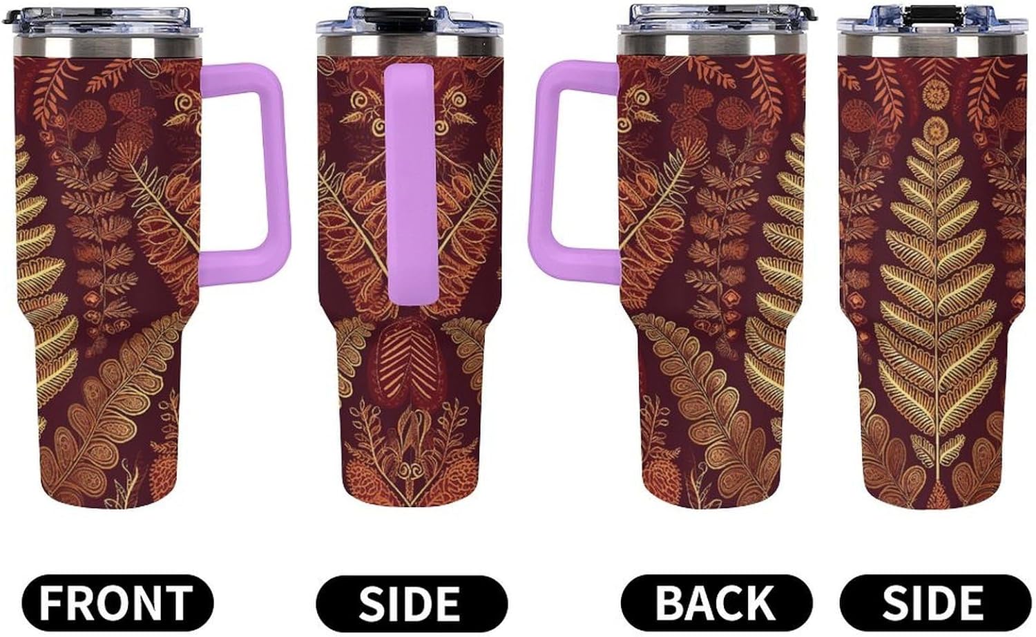 Maroon Gold Pattern Travel Coffee Mug Reusable Durable Stainless Steel Insulated Tumbler with Handle And Straw Leak Resistant Portable Thermal Cup Gifts for Men Women 40 Oz
