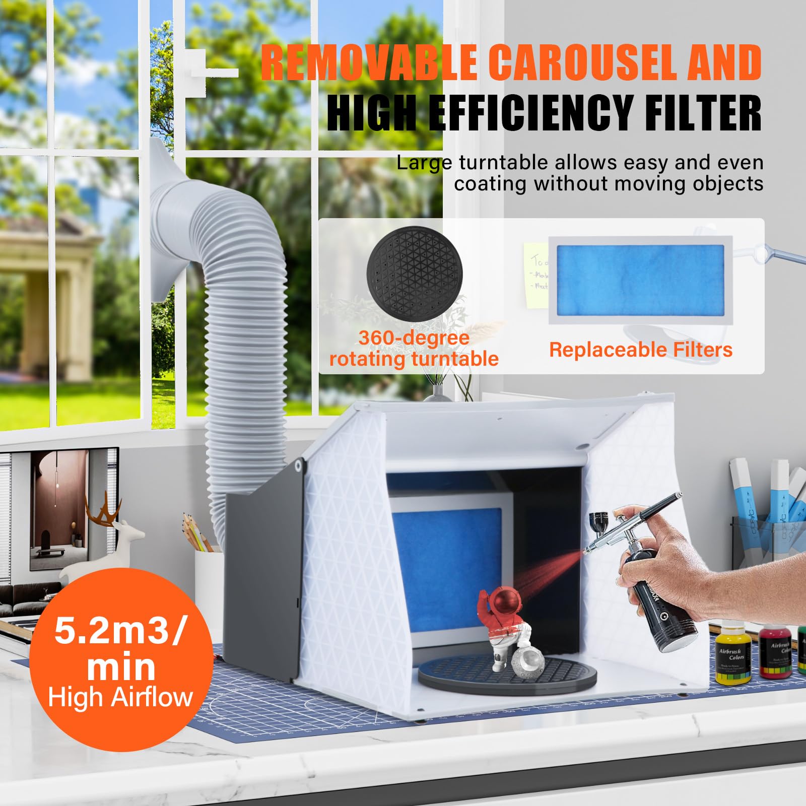 VELPAX Cabina de Pintura para Aerógrafo 5.2m³/min Velocidad Ajustable con Doble Ventilador, 4 Luces LED, Manguera Telescópica, Ideal para Pintura Decorativa, Manualidades y Decoración de Pasteles