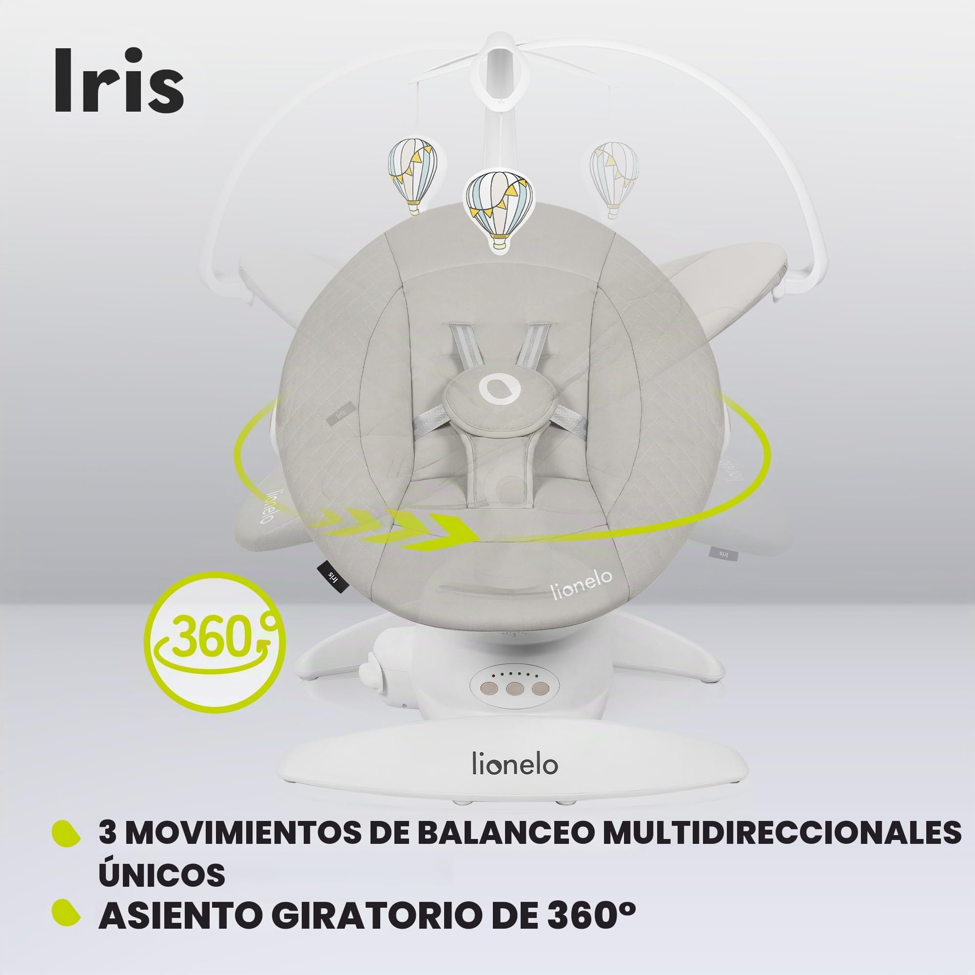 LIONELO Iris Hamaca Mecedora Eléctrica Giratoria 360º para Bebés de hasta 9 kg con Ajuste del Respaldo, 5 Velocidades de Balanceo, Cinturones de Seguridad Antideslizante (Beige)