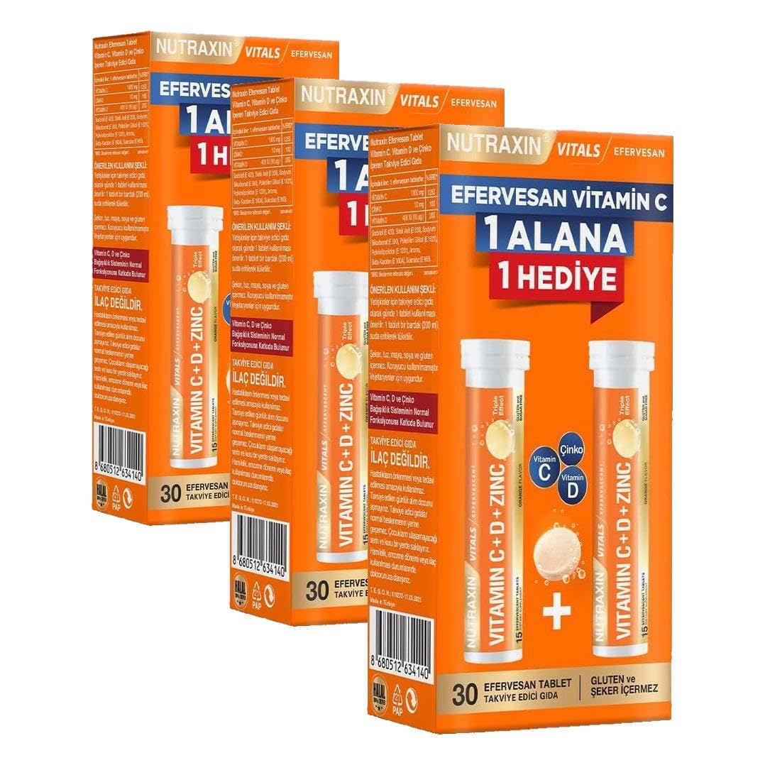 Nutraxin Effervescent Vitamin C-D-Zinc – 1000 mg C Vitamini, 400 IU D3 ve 10 mg Çinko İçeren Portakal Aromalı Efervesan Tablet – 30 Tablet – Vegan (3 paketi)