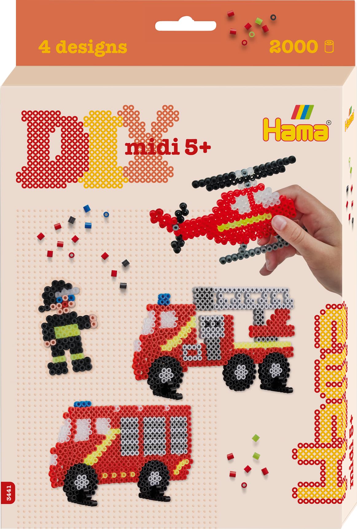 Hama Perlen 3441 Geschenk-Set Feuerwehr mit ca. 2.000 bunten Midi Bügelperlen mit Durchmesser 5 mm, Motivvorlage und Stiftplatte, inkl. Bügelpapier, kreativer Bastelspaß für Groß und Klein