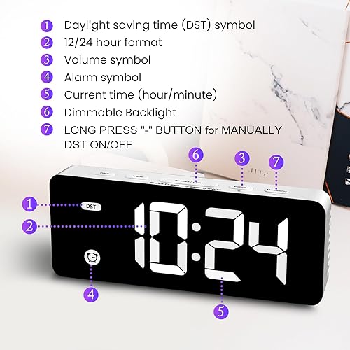 Miniatura 3 de Reloj despertador blanco para dormitorios de niños, reloj digital pequeño, 4 retroiluminación regulable, 3 volúmenes ajustables con repetición
