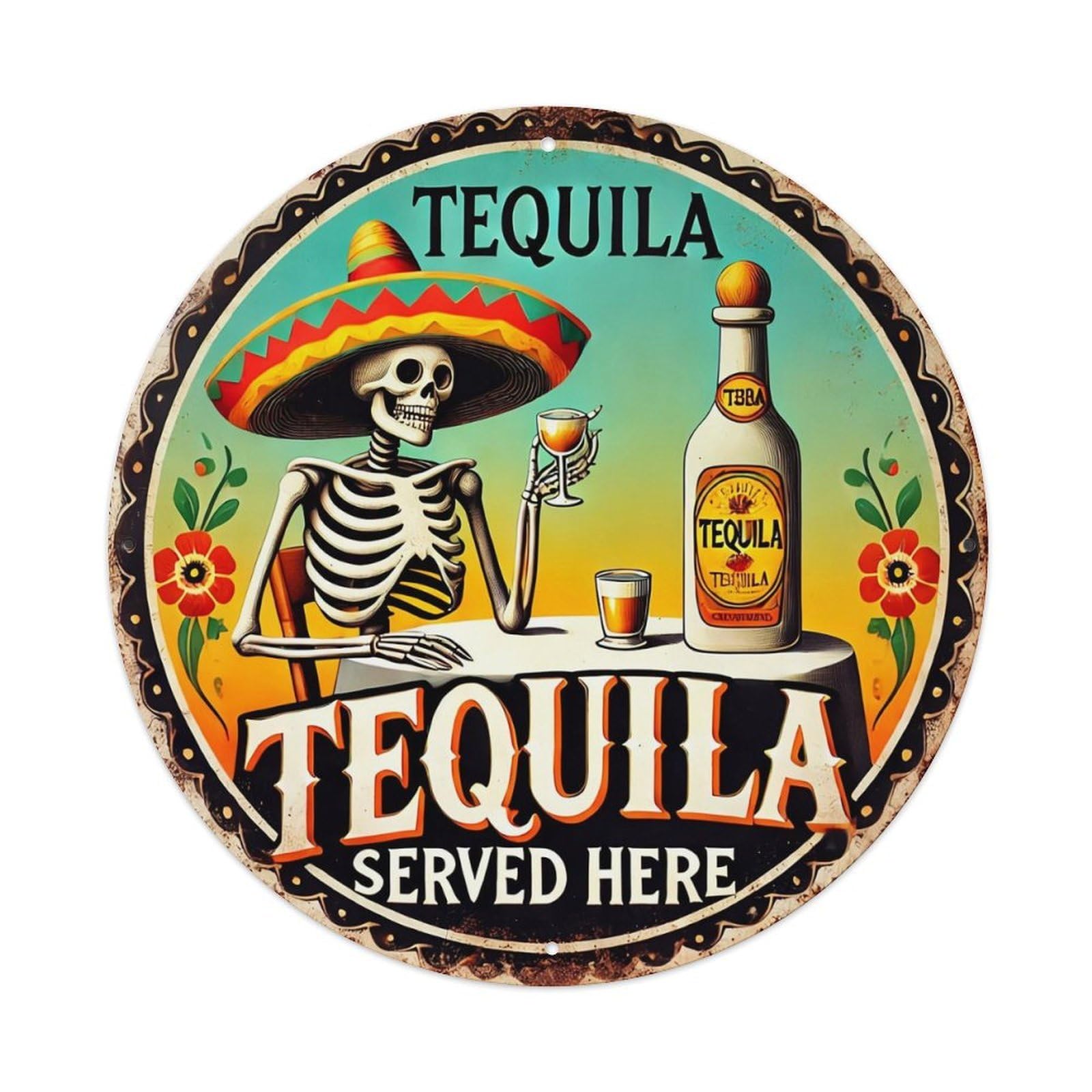 Tequila Served Here Skeleton Sombrero Tin Sign Metal Poster Vintage Metal Signs for Home Man Cave Bar Cafe Kitchen laundry room Wall Decorations 8x8 inches