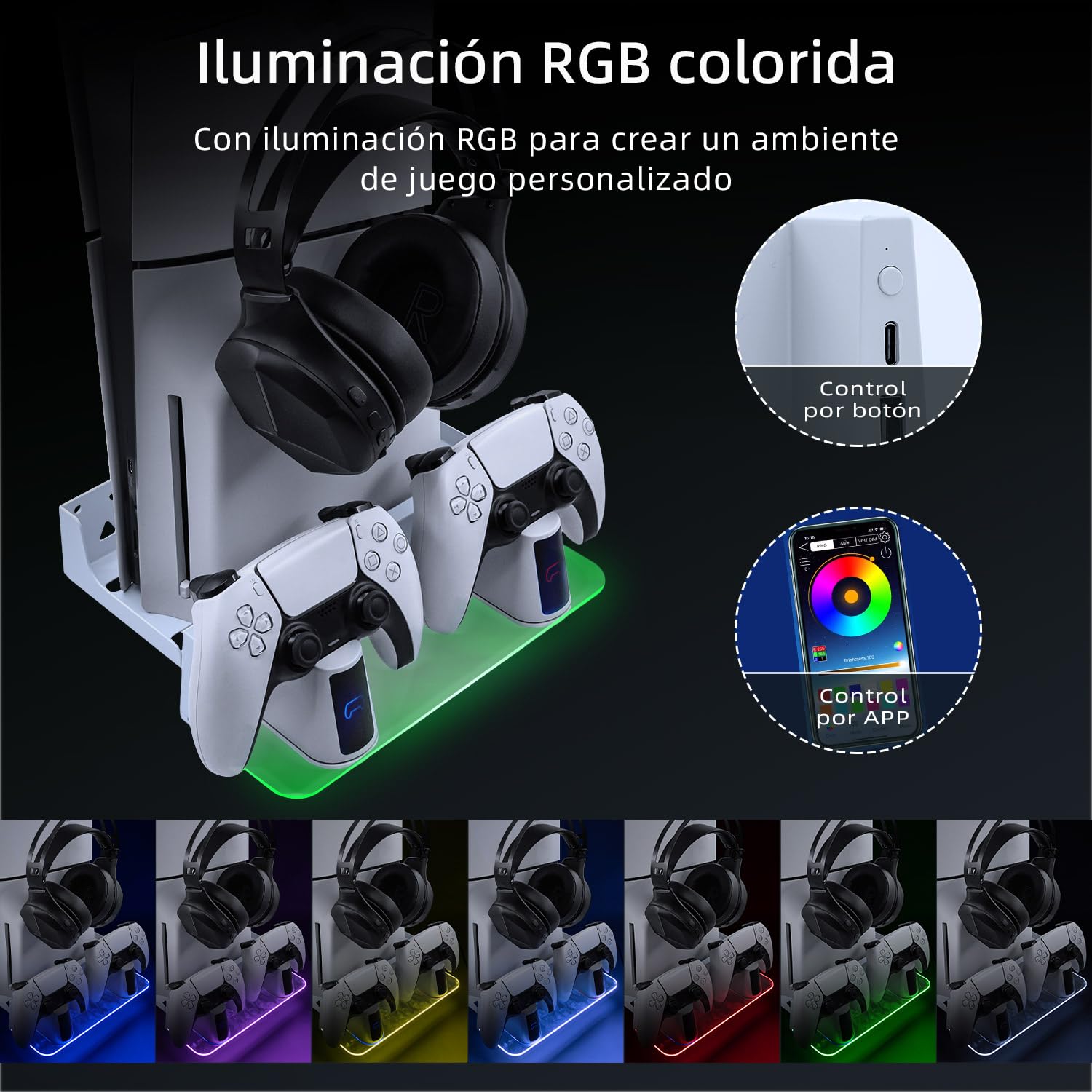 Mcbazel Soporte de pared RGB para consola de juegos PS5 Slim/PS5 Pro/PS5 Estación de Carga Dual para Controladores Montada en la Pared con LED para Playstation 5/PS5 Slim Digital/Disc/PS5 Pro - Blanco