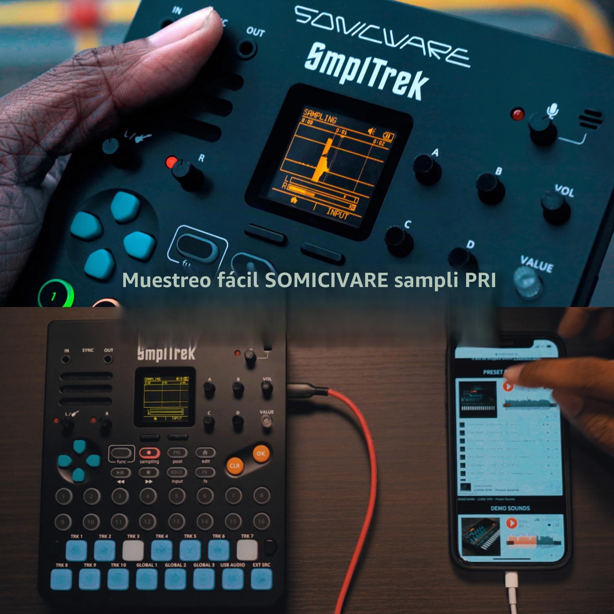 Sonicware SmplTrek [Sampler & Groovebox] Sampler de 48 kHz-16 bits, 30 voces polifónicas, 10 pistas de secuenciador, 35 efectos, mezclador de 10 canales, 15 pads sensibles a la velocidad con LED RGB