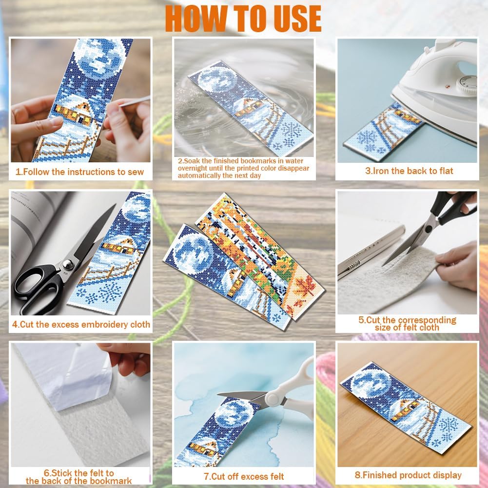 FREEBLOSS 6 Set Cross Stitch Bookmark Kit 11 CT Stamped Cross Stitch Kit DIY Embroidery Bookmark Kits for Adult Beginners with Instructions, Four Seasons Scenery, 6 x 20 cm/8" x 2.4"