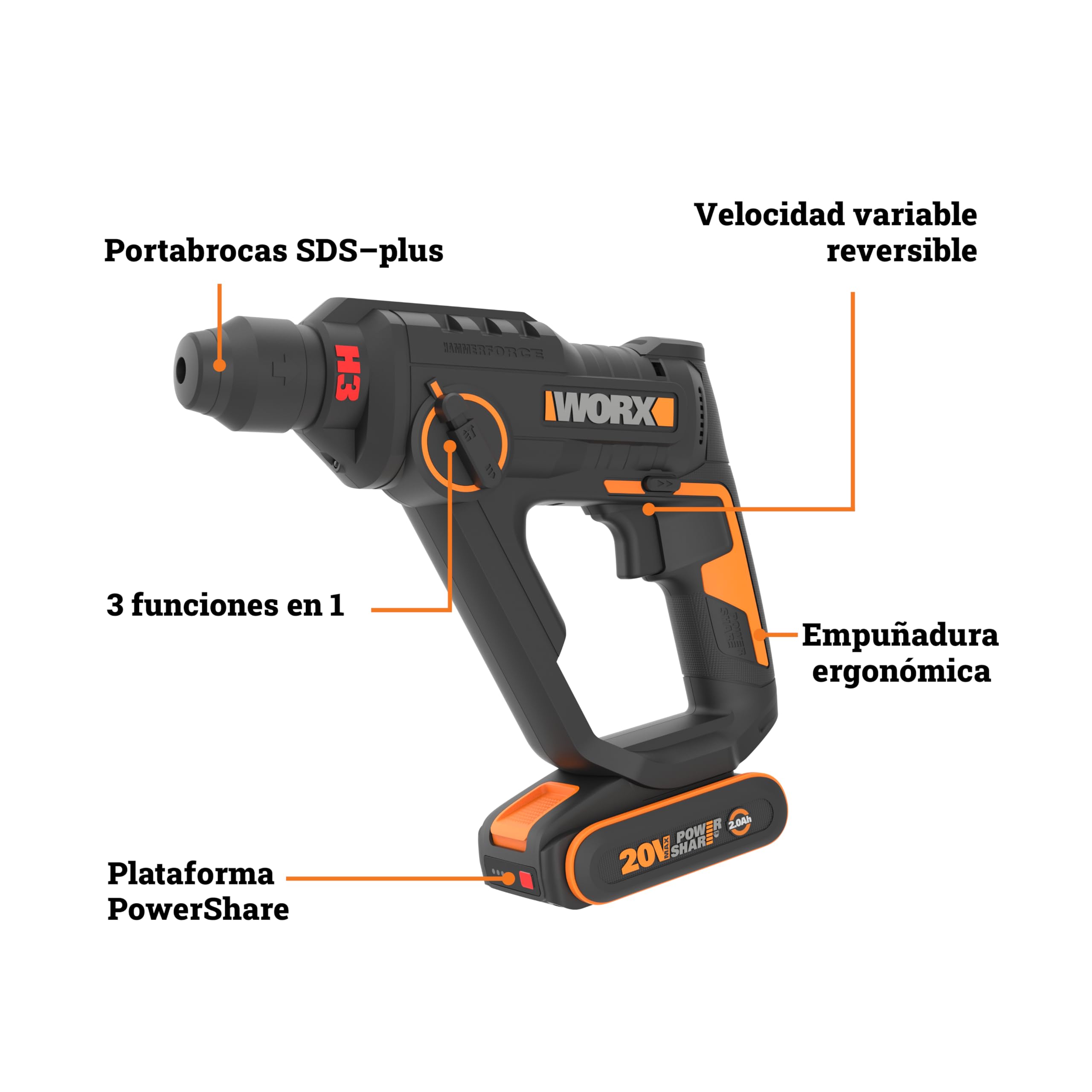WORX WX391 Martillo perforador inalámbrico 20V, 1,2J, taladrado rápido en hormigón, 3 funciones en 1, 10 brocas para hormigón, madera y metal, batería de 2 Ah y cargador rápido de 2A