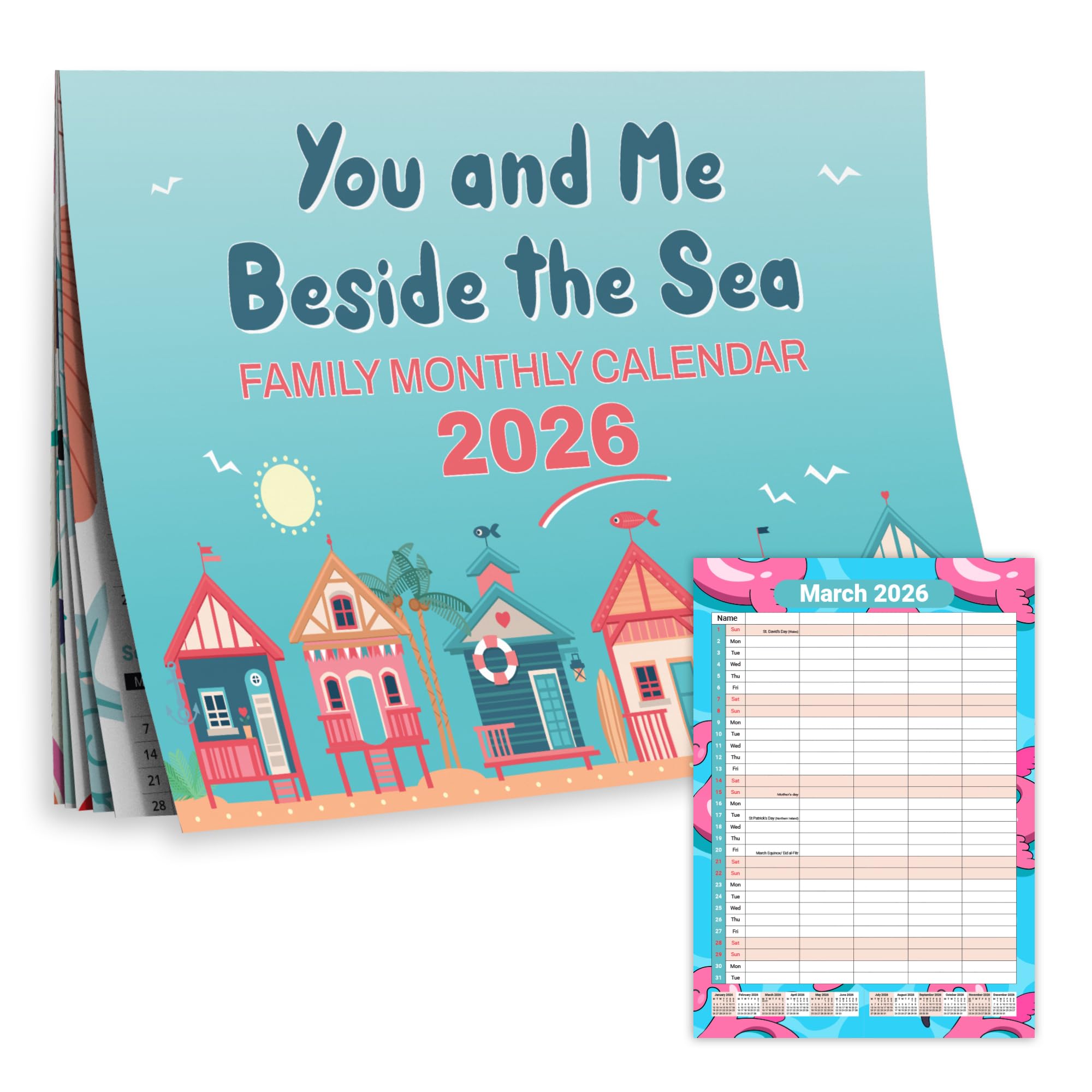 2026 Family Calendar 5 Columns - Seaside Coastal Hanging Wall Planner, A3 When Open - Month to View for Busy Families with Notes & UK Holidays