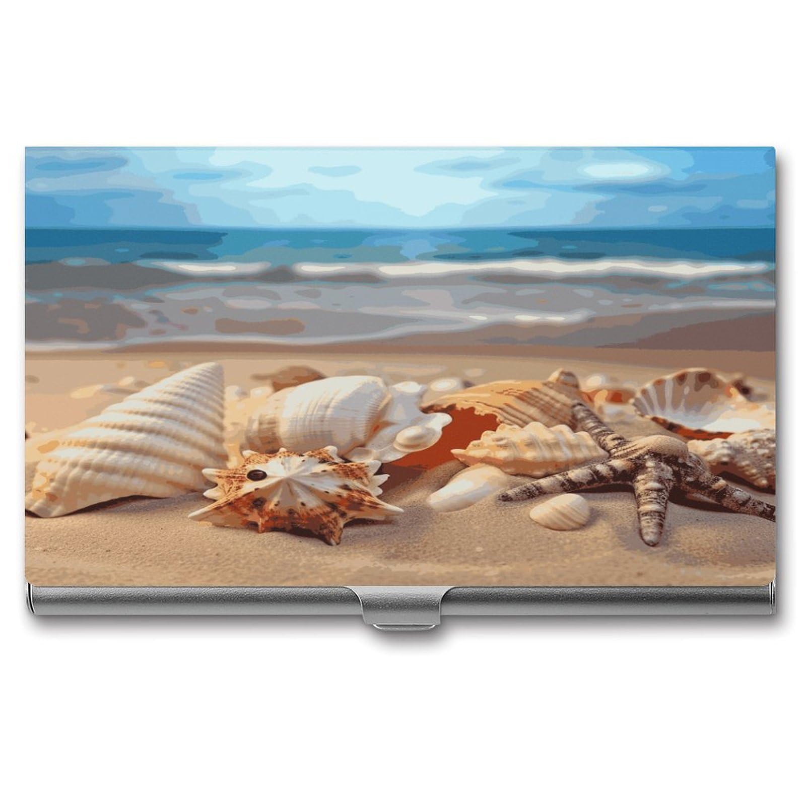 LDGSUPH Seashells on The Sandy Beach Business Card Holder Fashion Slim Name Card Holder Minimalist Design Case Metal Card Carrier Personalized Business Card Case with Flip for Men Women