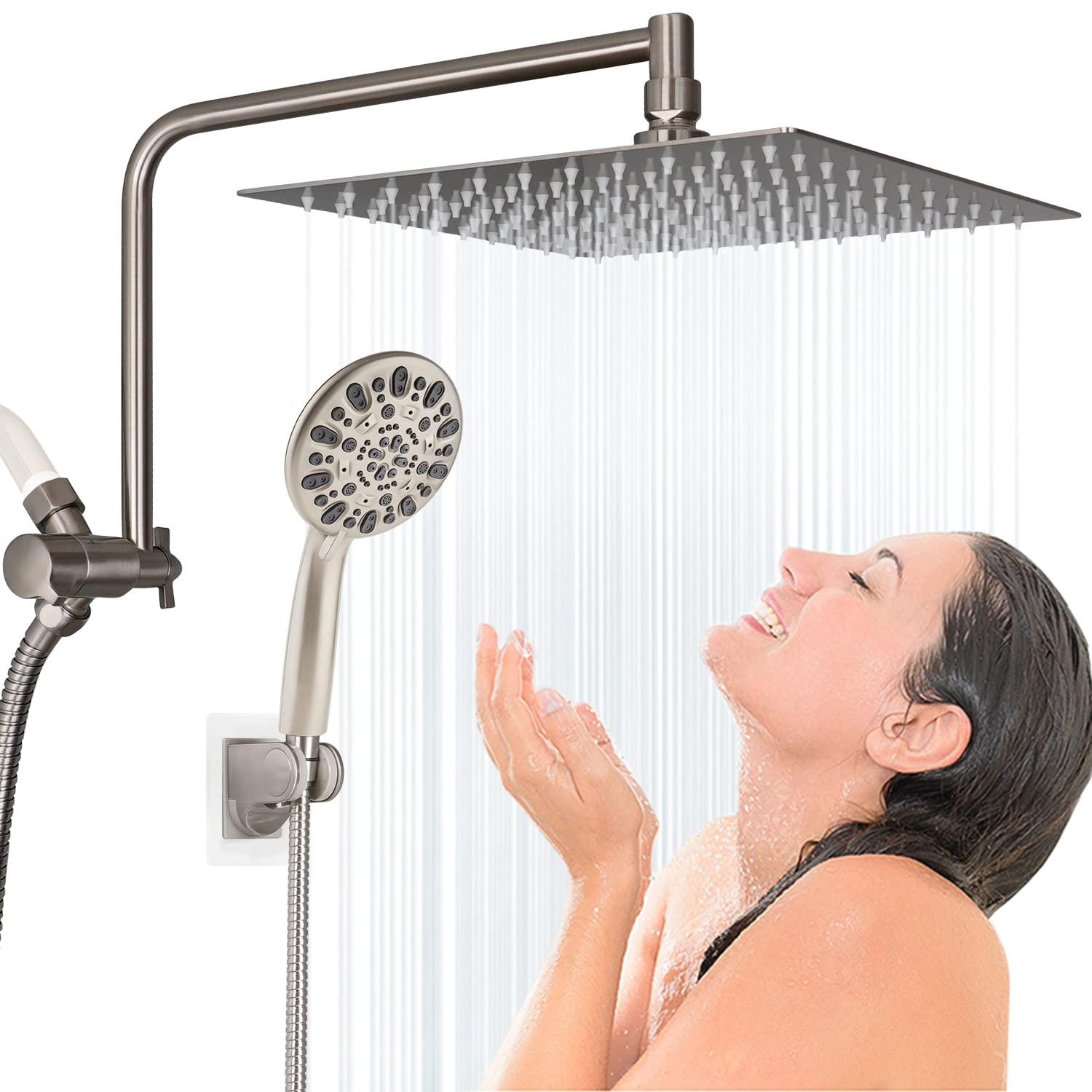Hygie Rinse Shower Head, 10" High Pressure Rainfall/Handheld Shower Combo with 11" Extension Arm, 7-Spray Handheld Showerhead, 71" Long Hose, 3-Way Diverter Valve, Brushed Nickel