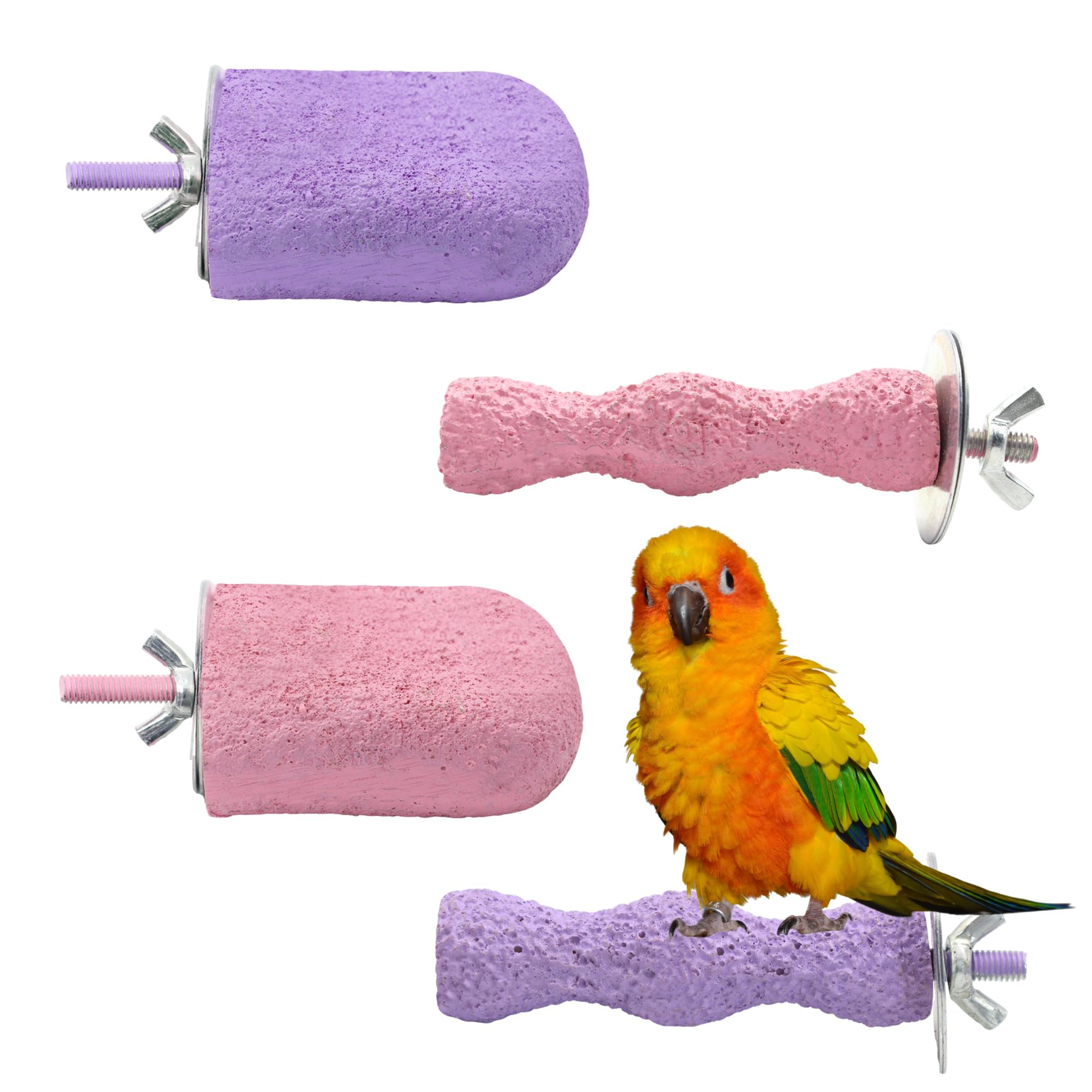 Bird Perch for Cage Bird Beak Grinding Stone & Claw Trimmer Rough Surface Parrot Stand Chewing Toys for Parakeets Macaws Budgies Cockatiel Cage Accessories (Pink, Purple)