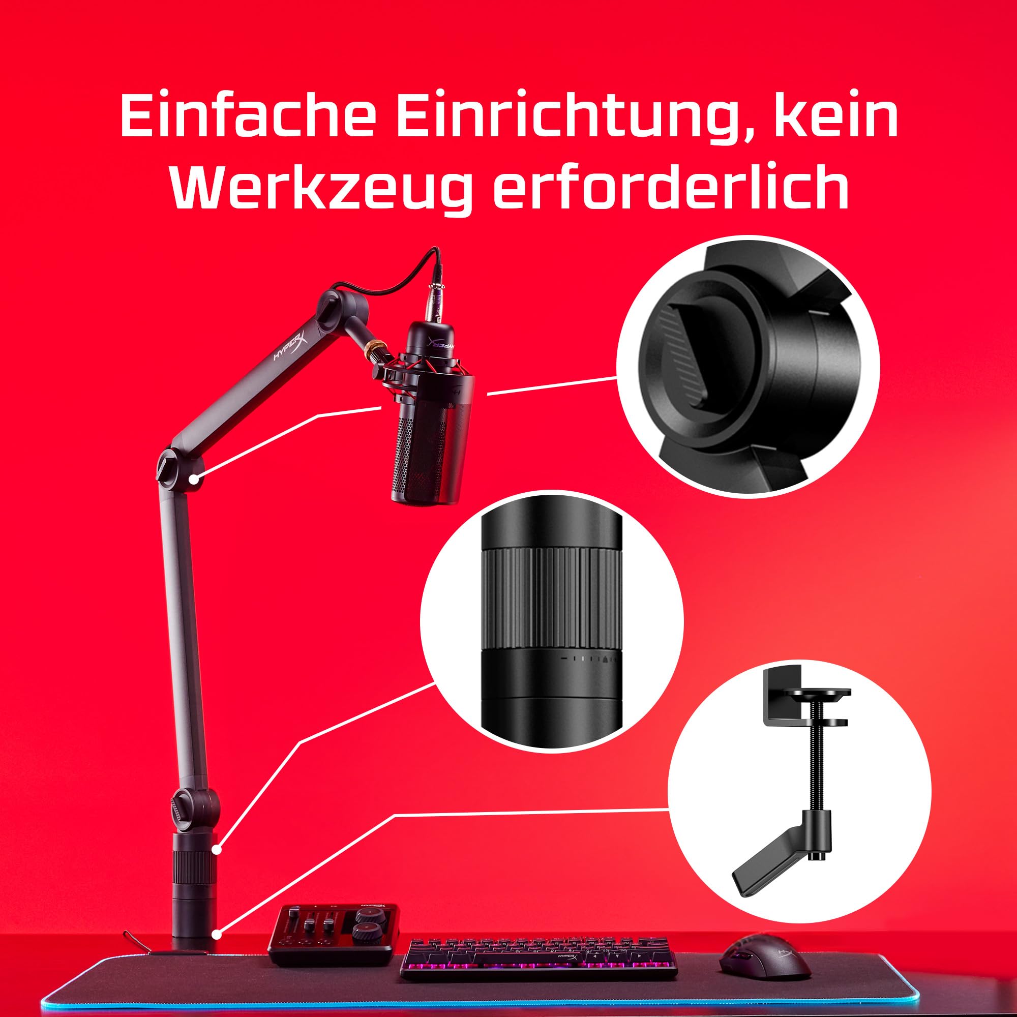 HyperX Caster Mikrofon- & Kameraarm – werkzeuglos, mit Kabelführung, 360° schwenkbar, bis 1 kg Tragkraft, 1/4", 3/8", 5/8" Gewinde, ideal für Streaming & Content Creation – Schwarz