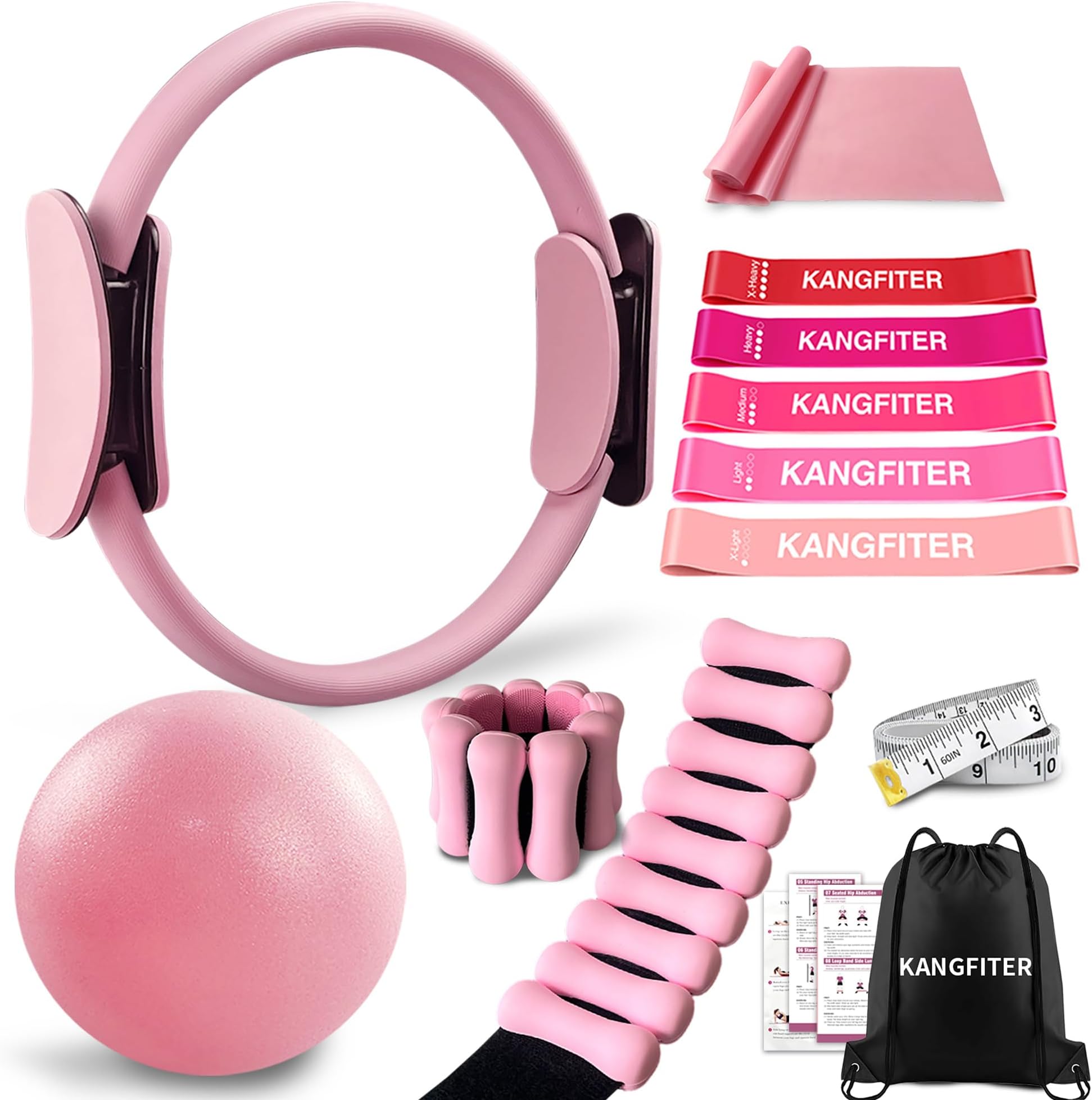 KANGFITER Pilates Equipment Kit for Home Workout, Pilates Ring and Ball Set with Adjustable Ankle Wrist Weights, Resistance Bands, Tape Measure, Bag, Pilates Essentials Accessories for Women Yoga