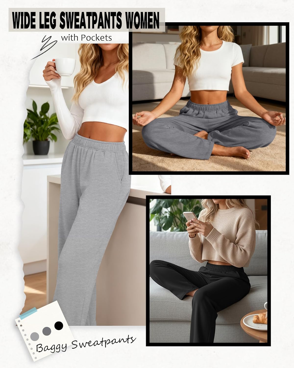 3 Packs Women's Wide Leg Pants Built-in Drawstring Sweatpants Soft Baggy Lounge Yoga Pants with Pockets - Image 3