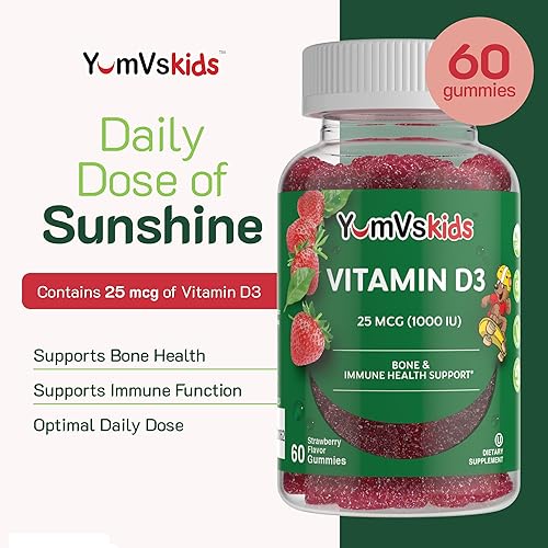 Miniatura 4 de YUM-V's Vitamina D (1000 UI) gelatinas masticables (gomitas) para niños, delicioso sabor a bayas (60 unidades) suplemento dietético diario con