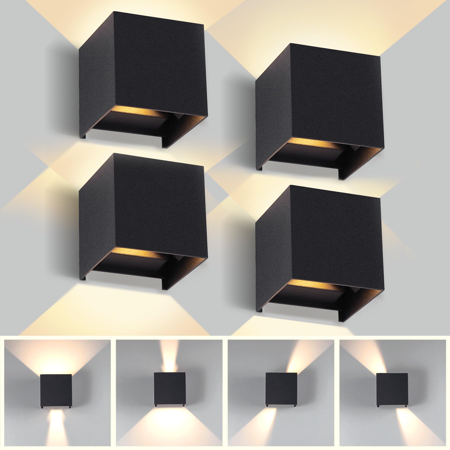 Chenben Black Outdoor Wall Lights 12W Waterproof Ip65 Aluminum Indoor Wall Lamp Led Outside Wall Lights Adjustable Beam 3000K Warm White For Garden Bedroom Living Room Aisle (4 Pack)