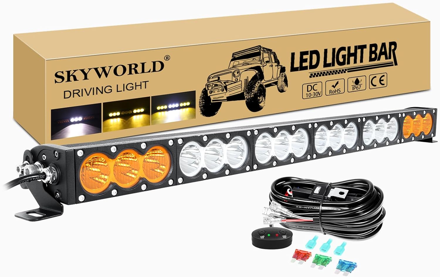 skyworld single row led light bar with 12v wiring harness kit, 33 inch 180w dual color white amber offroad driving fog lights roof bumper led bar for car truck suv ute atv 4x4 4wd vehicles 33 inch 180w + wiring harness