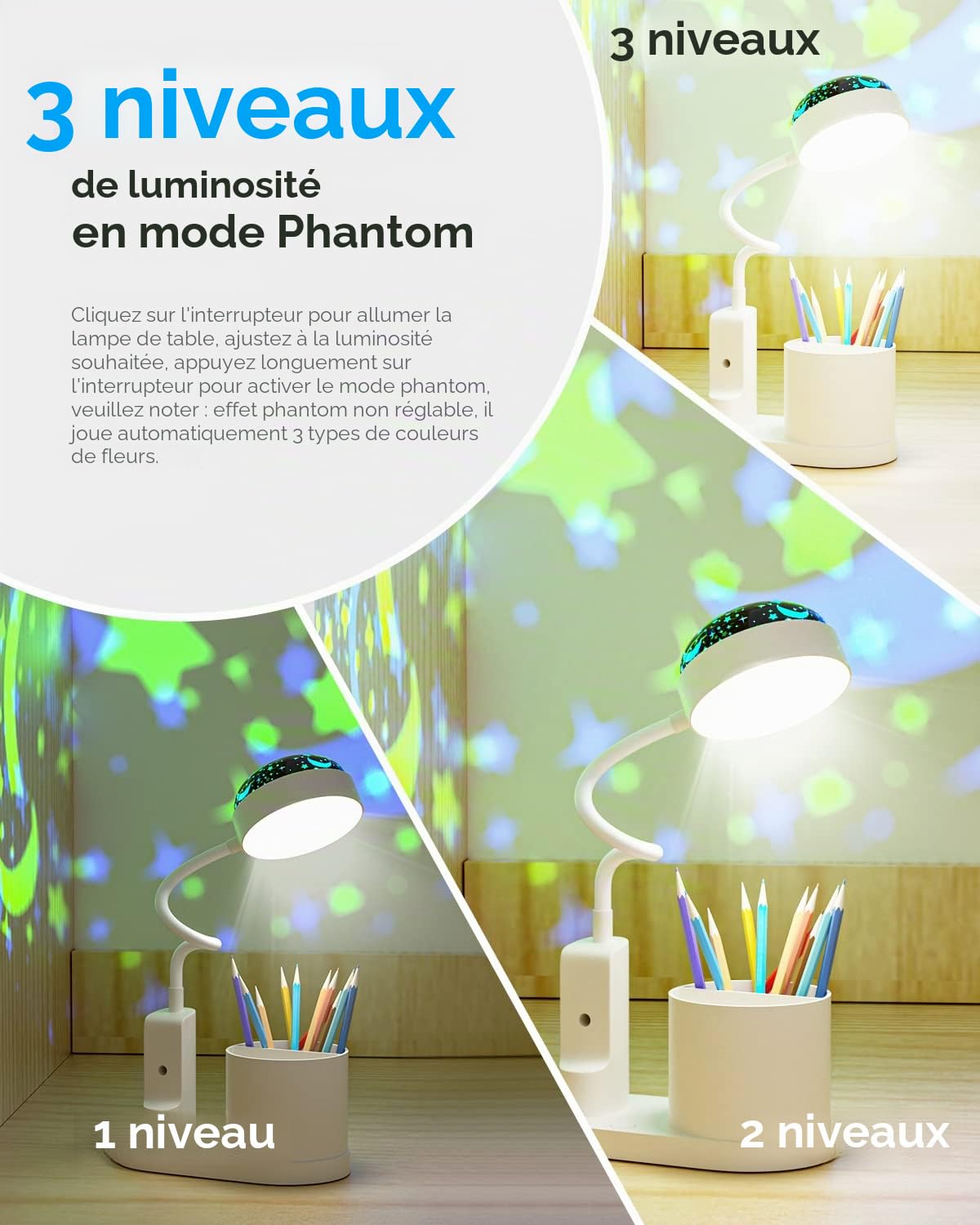 Lampe de Bureau pour Enfants avec Projecteur,Flexible Lampe de Table Sans Fil Dimmable Lampe de Lecture Rechargeable Lampe de Chevet LED Lampe d'étude avec Porte-stylo et Projection d'étoile