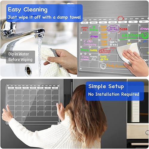 Miniatura 5 de PigPotParty Calendario magnético acrílico para refrigerador, calendario transparente de 16 x 12 pulgadas para refrigerador, pizarra magnética