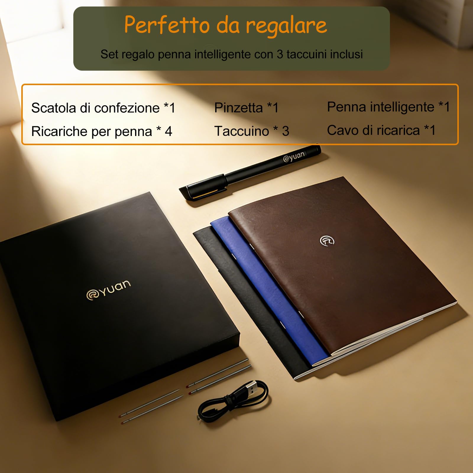 Yuan Smart Writing Set, Smart Notebook con Smart Pen, Taccuino Digitale per Appunti Digitali con 3 Quaderni A4, Sincronizzazione e Digitalizzazione in Tempo Reale, Compatibile con iPad iOS Android