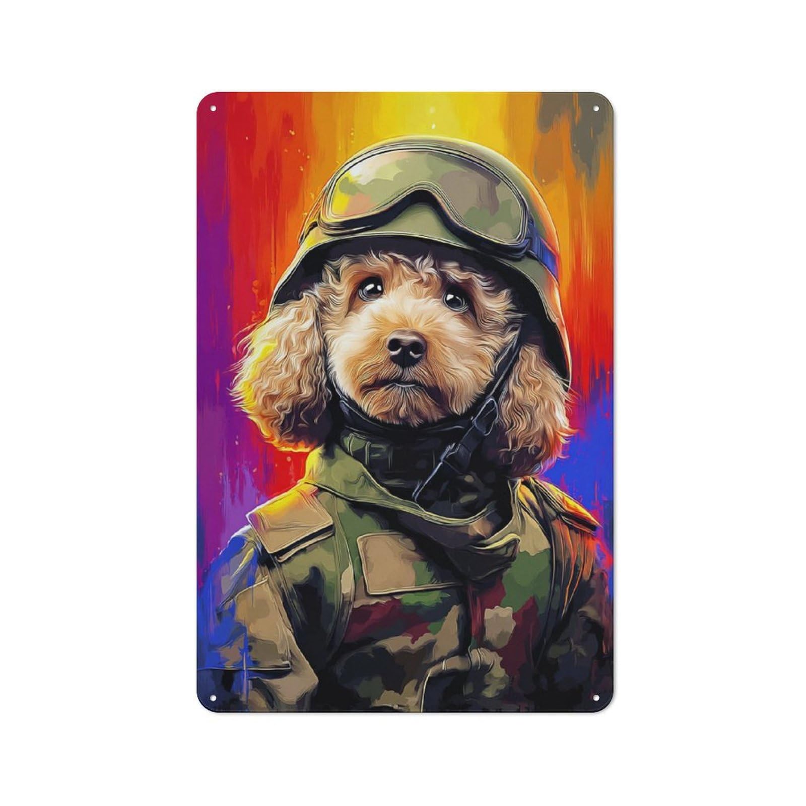 Junmoney Heroic Poodle In Camouflage Gear Metal Wall Sign 30X20cm Featuring For Café Or Restaurant, A Decorative Metal Sign For Cafés And Restaurants